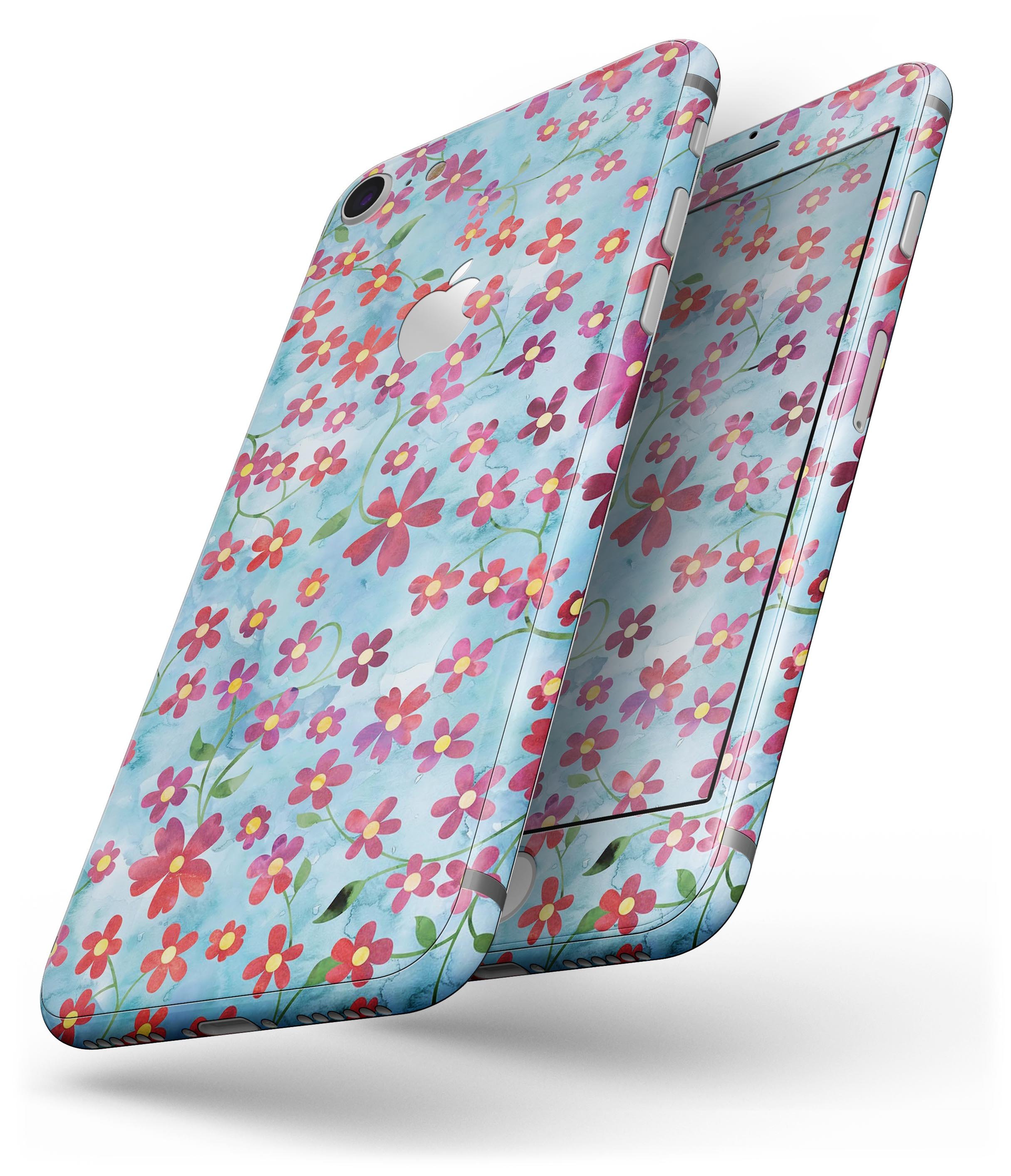 A vibrant floral skin design featuring flowers with stems over a light blue watercolor background, tailored for iPhone 8 and 8 Plus.