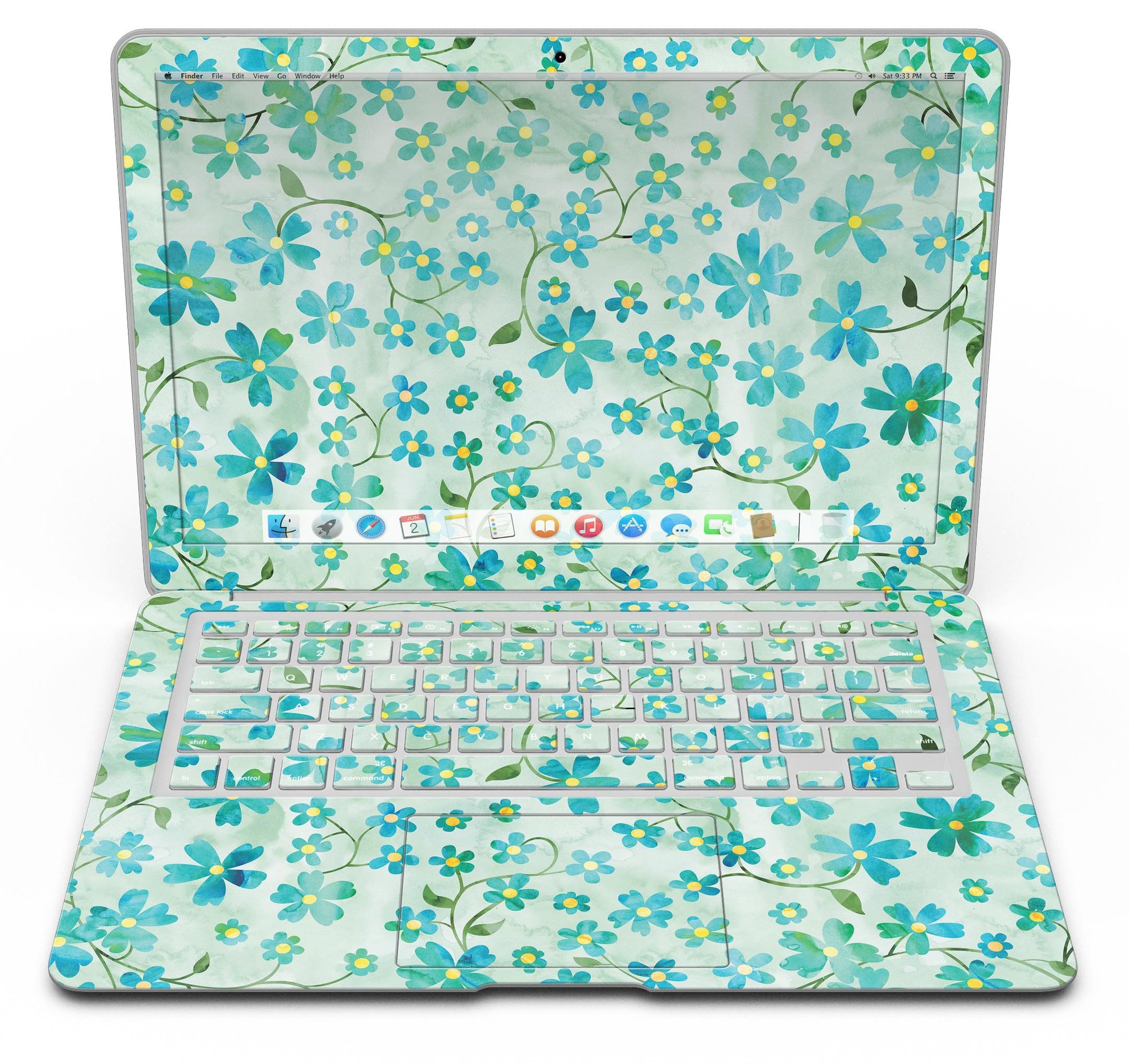 MacBook Air with Flowers and Stems skin over light green watercolor background, showcasing stylish design and protection.