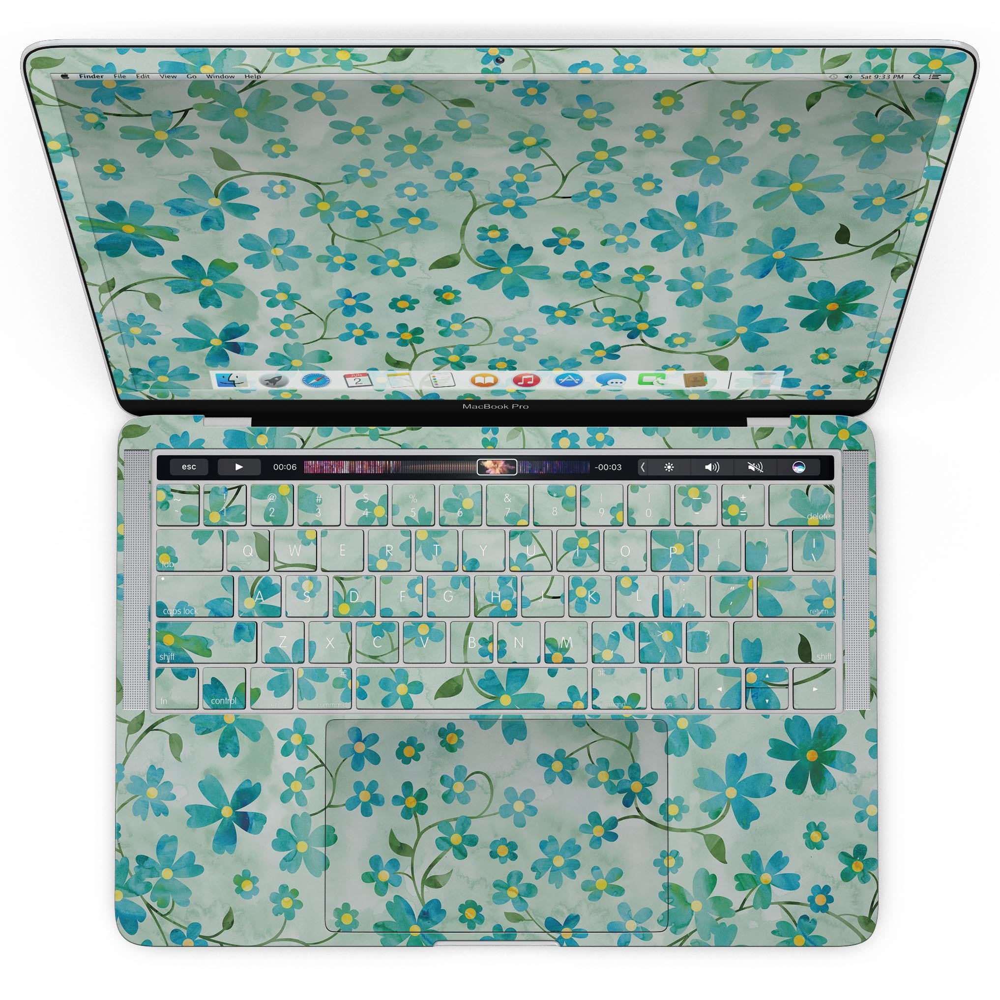 Stylish MacBook Pro skin featuring flowers with stems over a light green watercolor background, designed for 13" and 15" models.