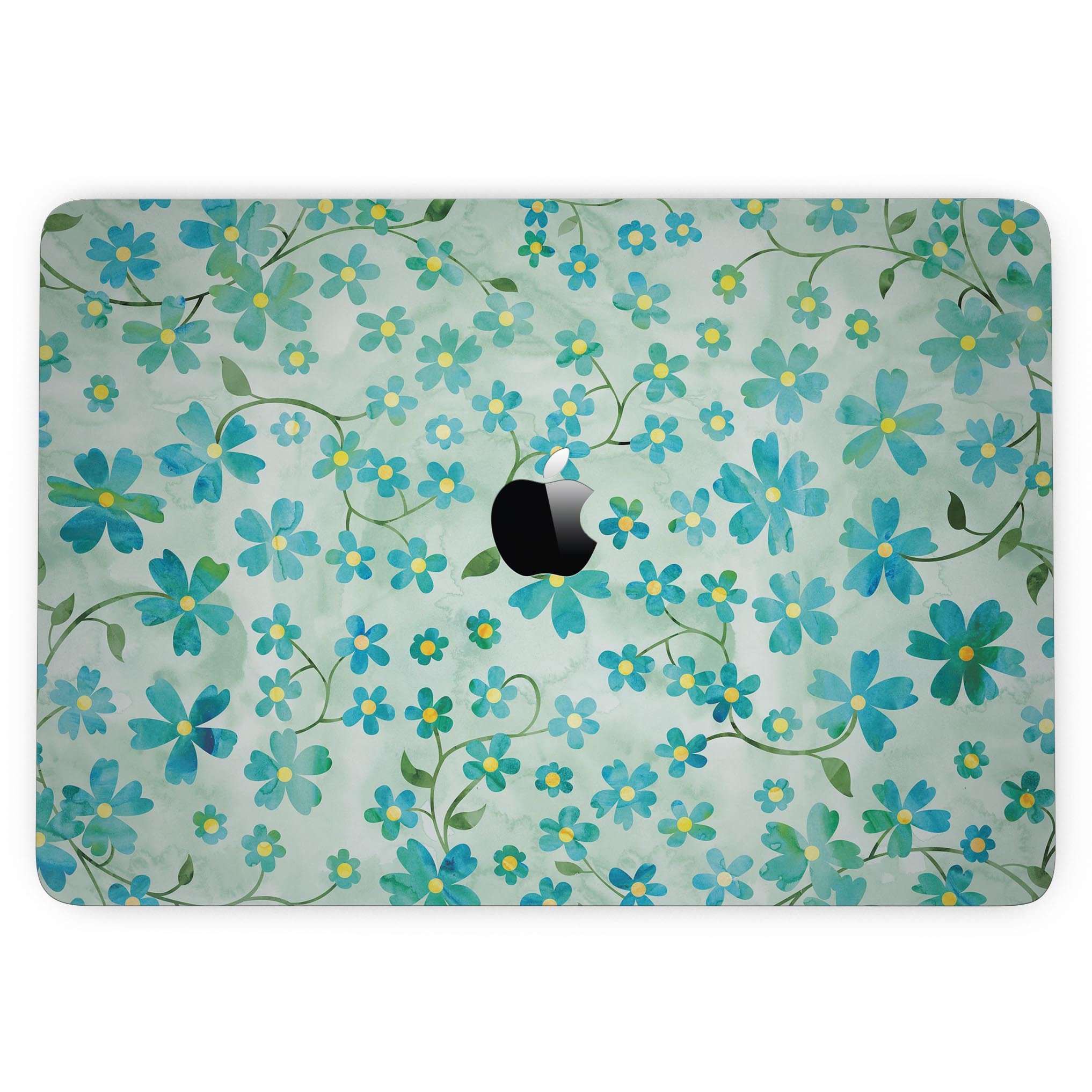 Stylish MacBook Pro skin featuring flowers with stems over a light green watercolor background, designed for 13" and 15" models.