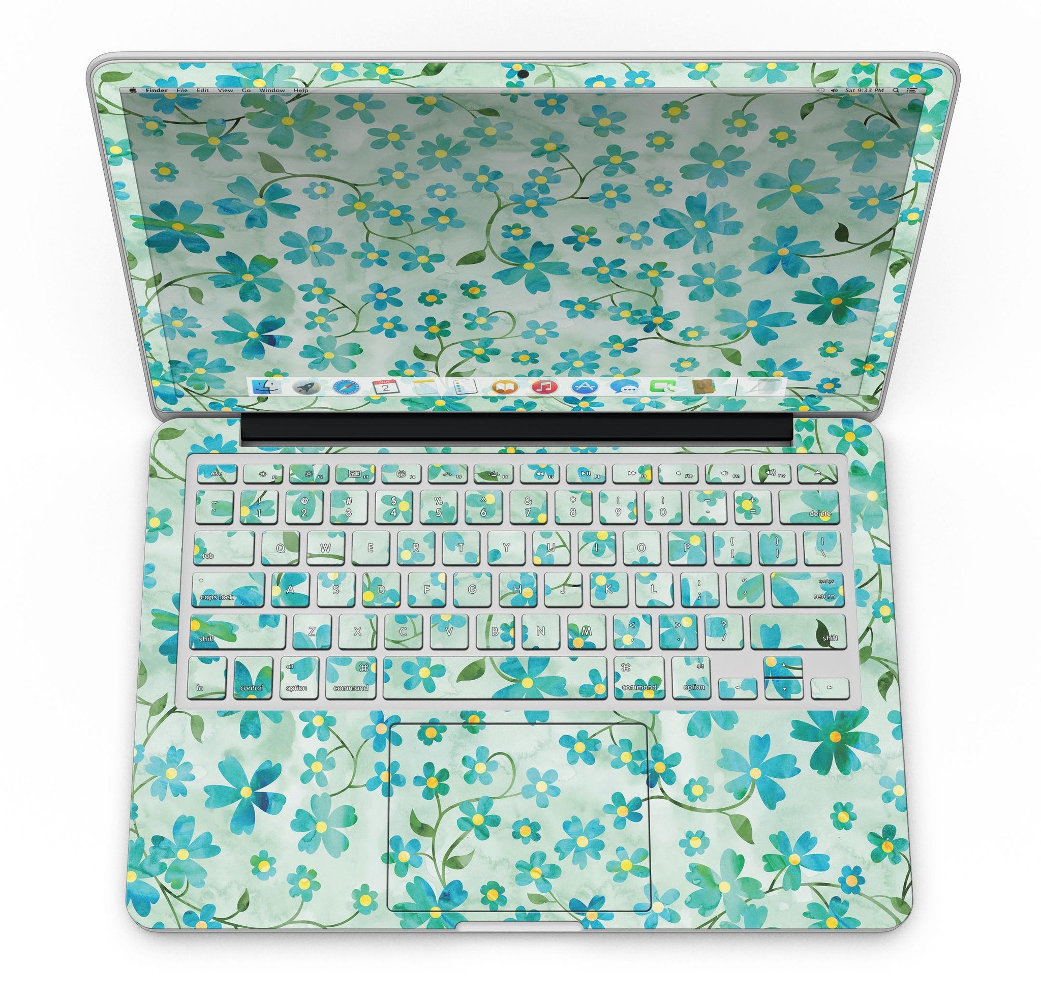 A MacBook Pro with a floral skin featuring flowers and stems over a light green watercolor background, showcasing its stylish design.