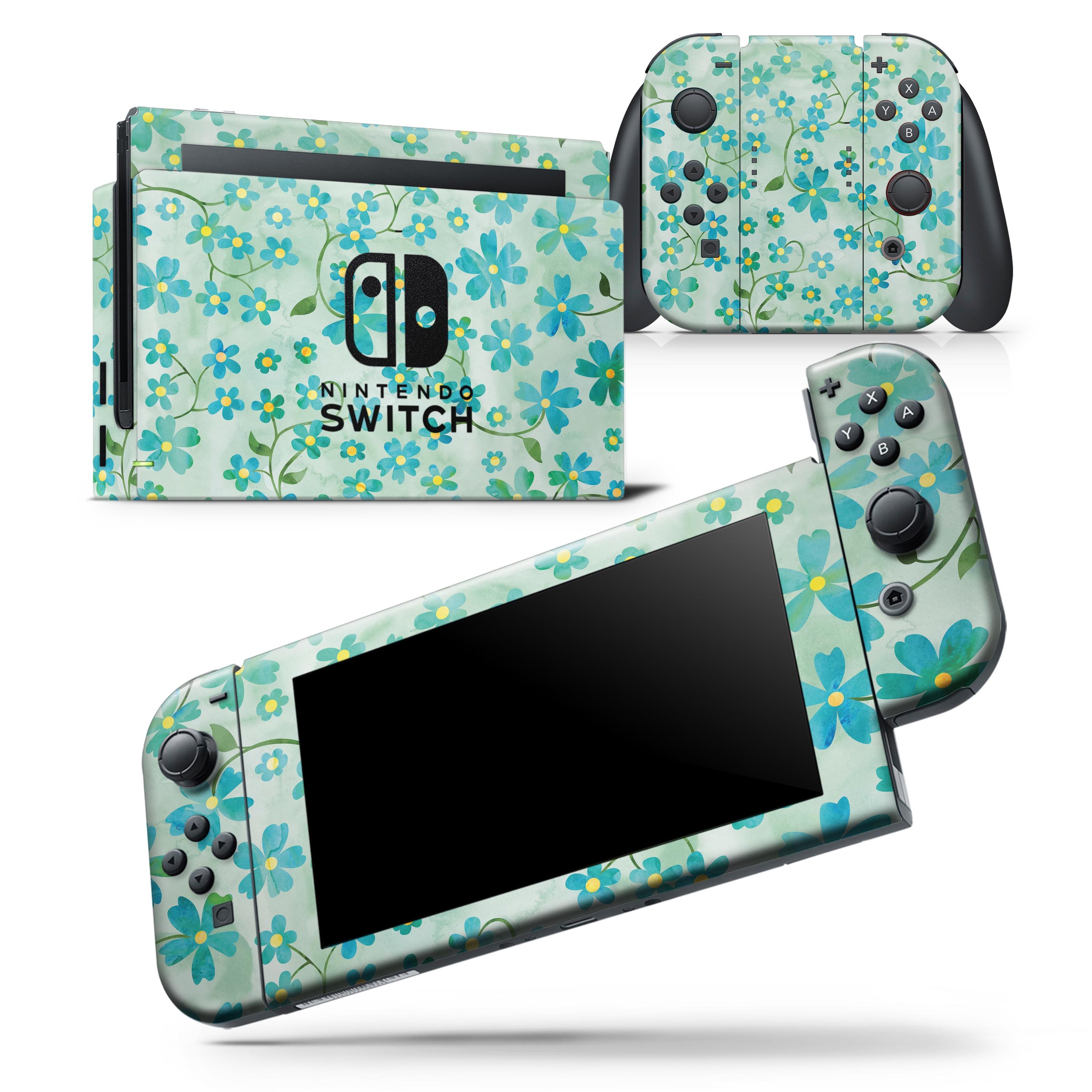 A vibrant skin wrap decal featuring flowers with stems over a light green watercolor background, designed for Nintendo Switch.