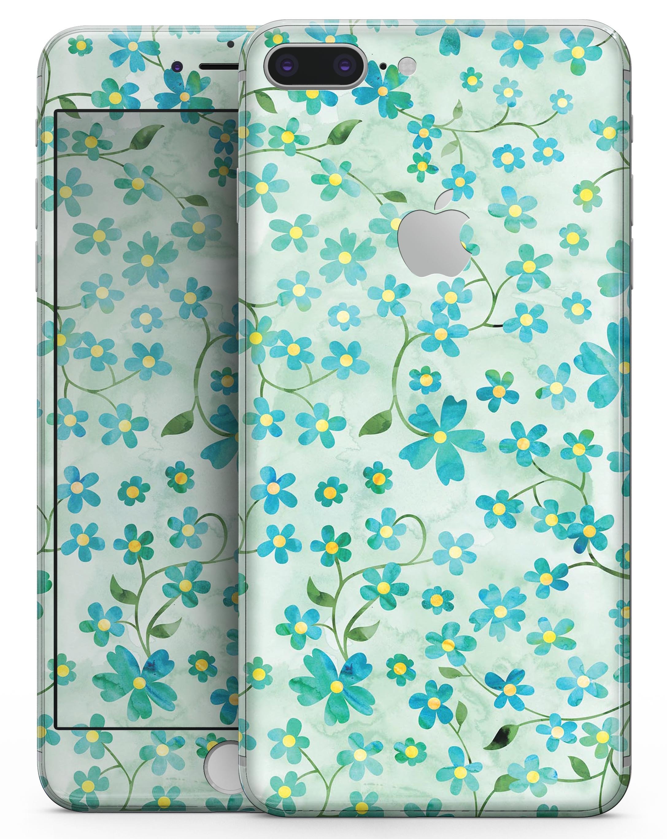 A vibrant skin design featuring flowers with stems over a light green watercolor background, tailored for iPhone 8 and 8 Plus.