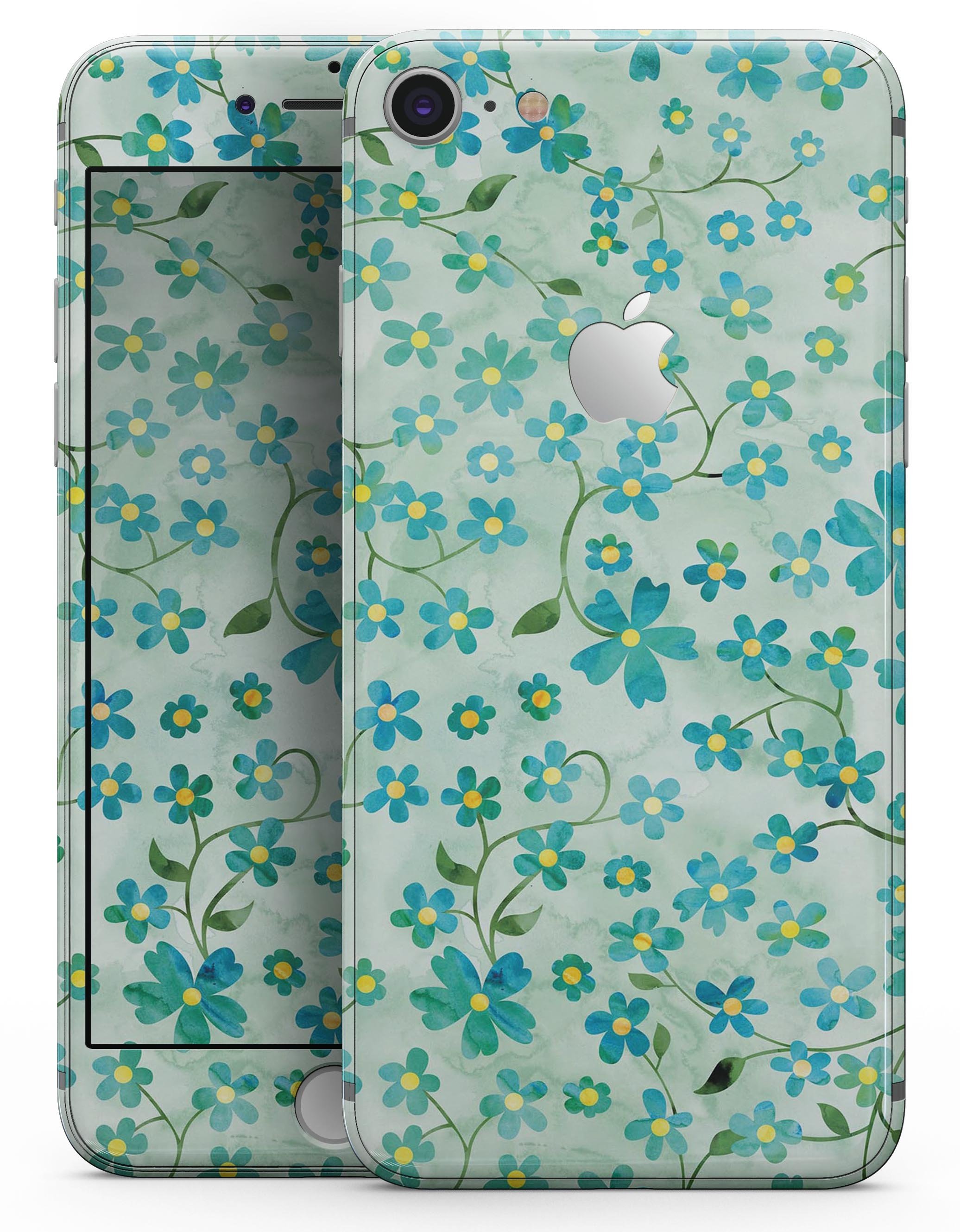 A vibrant skin design featuring flowers with stems over a light green watercolor background, tailored for iPhone 8 and 8 Plus.