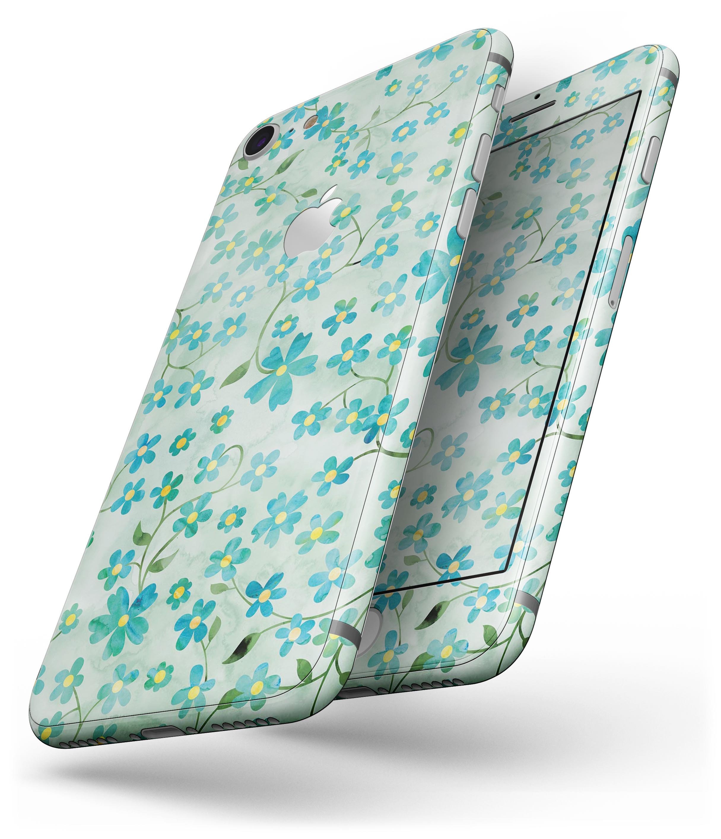 A vibrant skin design featuring flowers with stems over a light green watercolor background, tailored for iPhone 8 and 8 Plus.