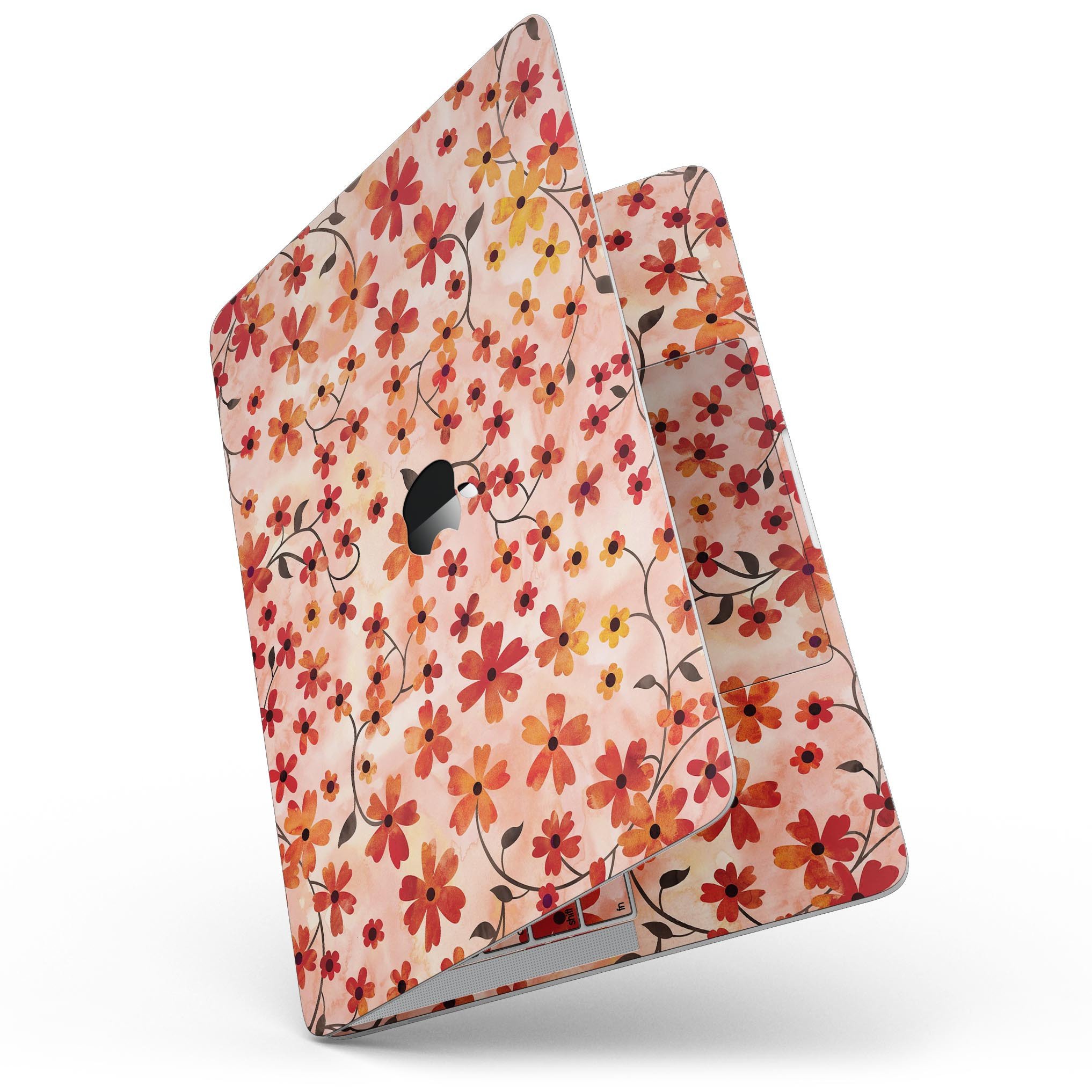 Colorful Flowers with Stems design on a MacBook Pro skin, showcasing vibrant orange watercolor background.
