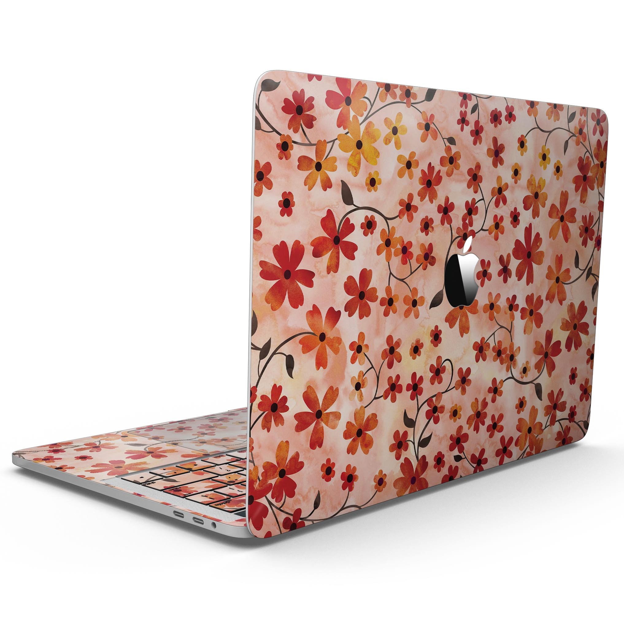 Colorful Flowers with Stems design on a MacBook Pro skin, showcasing vibrant orange watercolor background.
