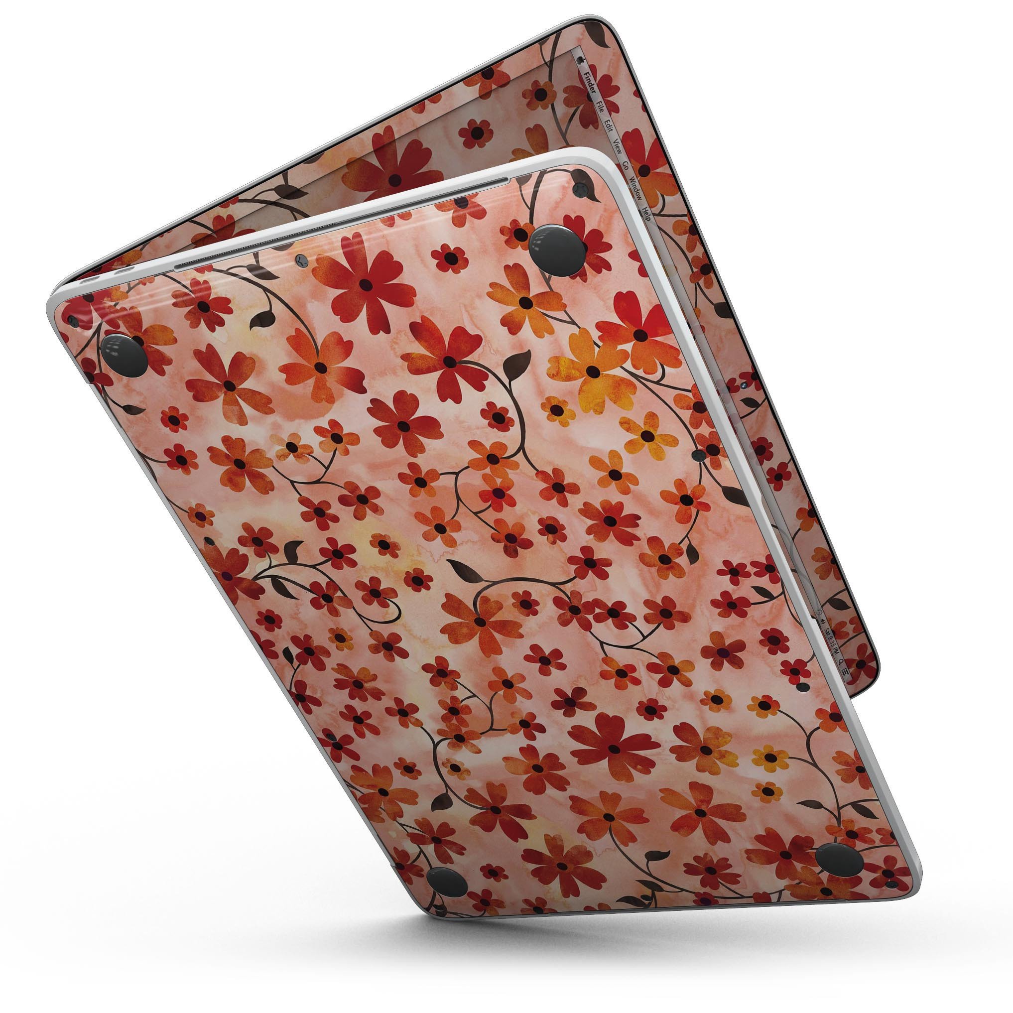 Colorful Flowers with Stems design on a MacBook Pro skin, showcasing vibrant orange watercolor background.