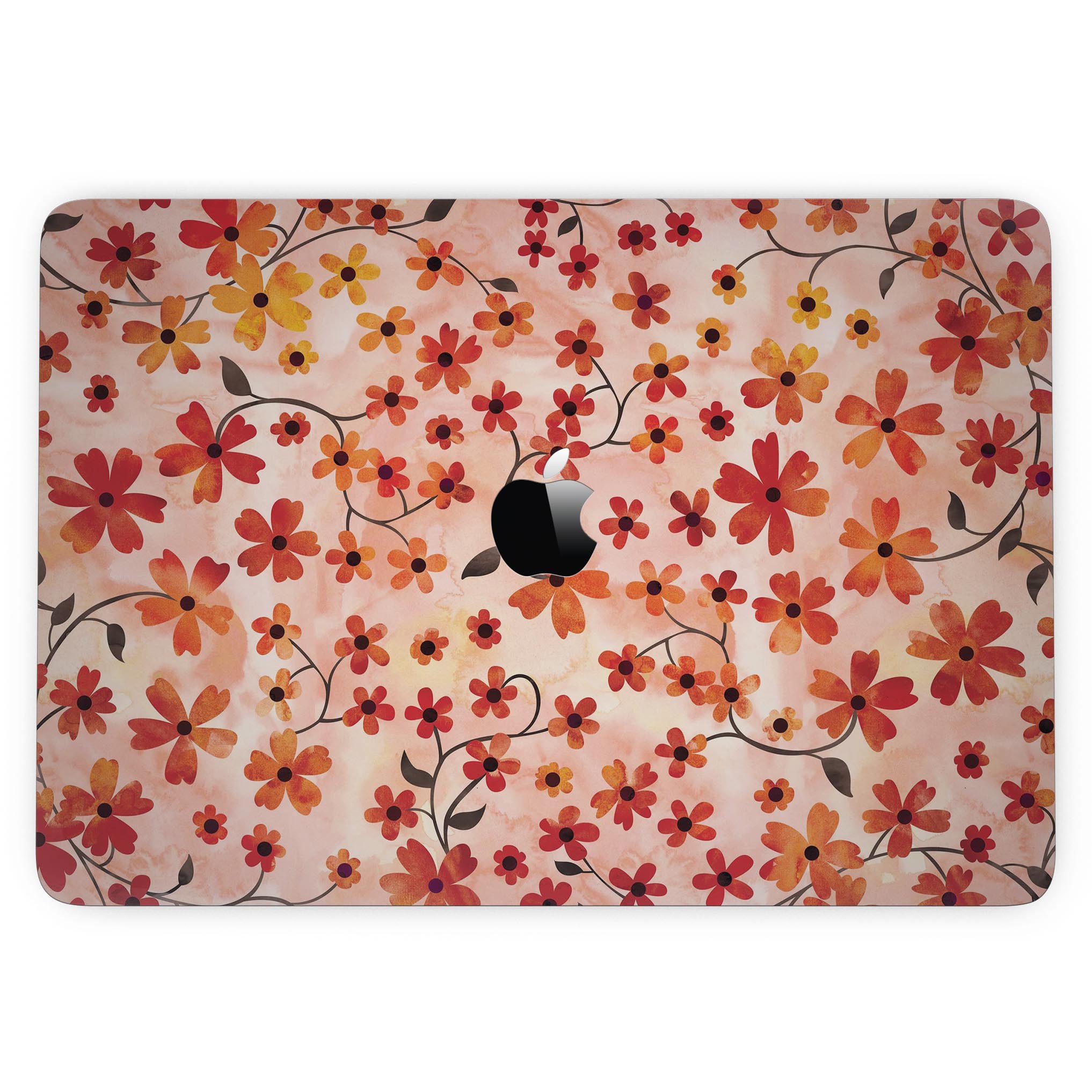Colorful Flowers with Stems design on a MacBook Pro skin, showcasing vibrant orange watercolor background.