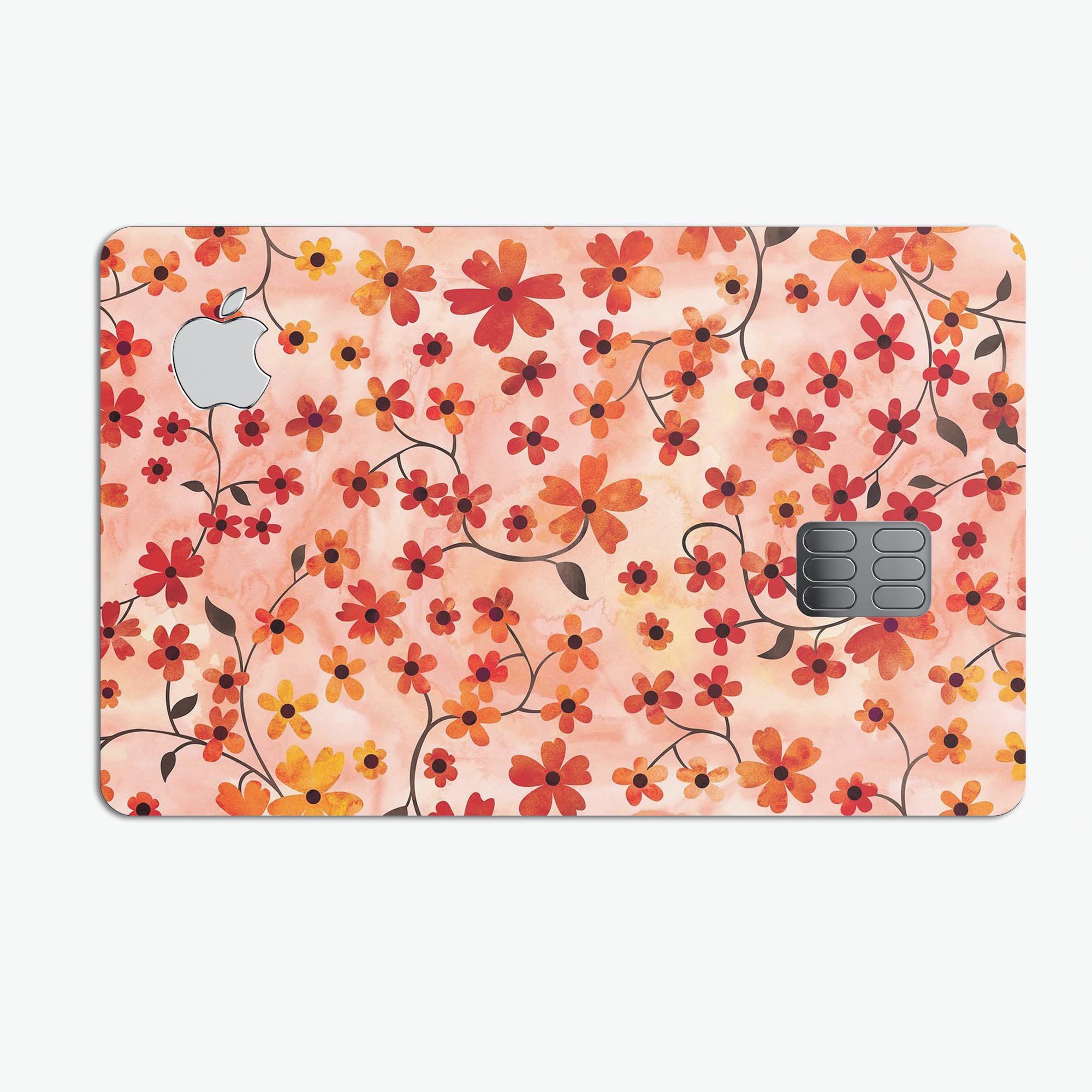 A vibrant Flowers with Stems over Orange Watercolor decal designed for Apple Card protection, showcasing intricate floral patterns on a bright orange background.