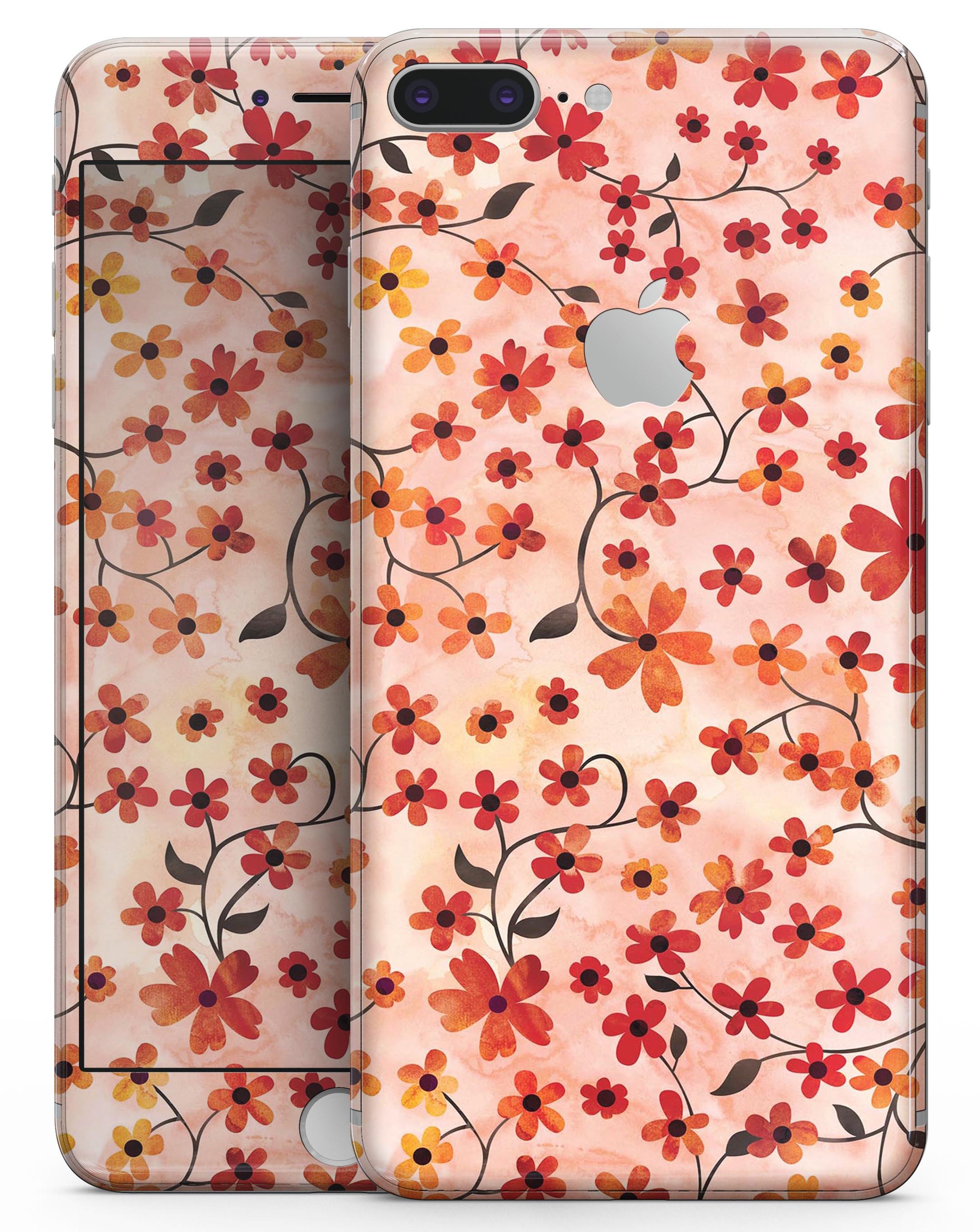 Colorful Flowers with Stems design on an orange watercolor background for iPhone 8 skin, showcasing vibrant colors and a sleek finish.