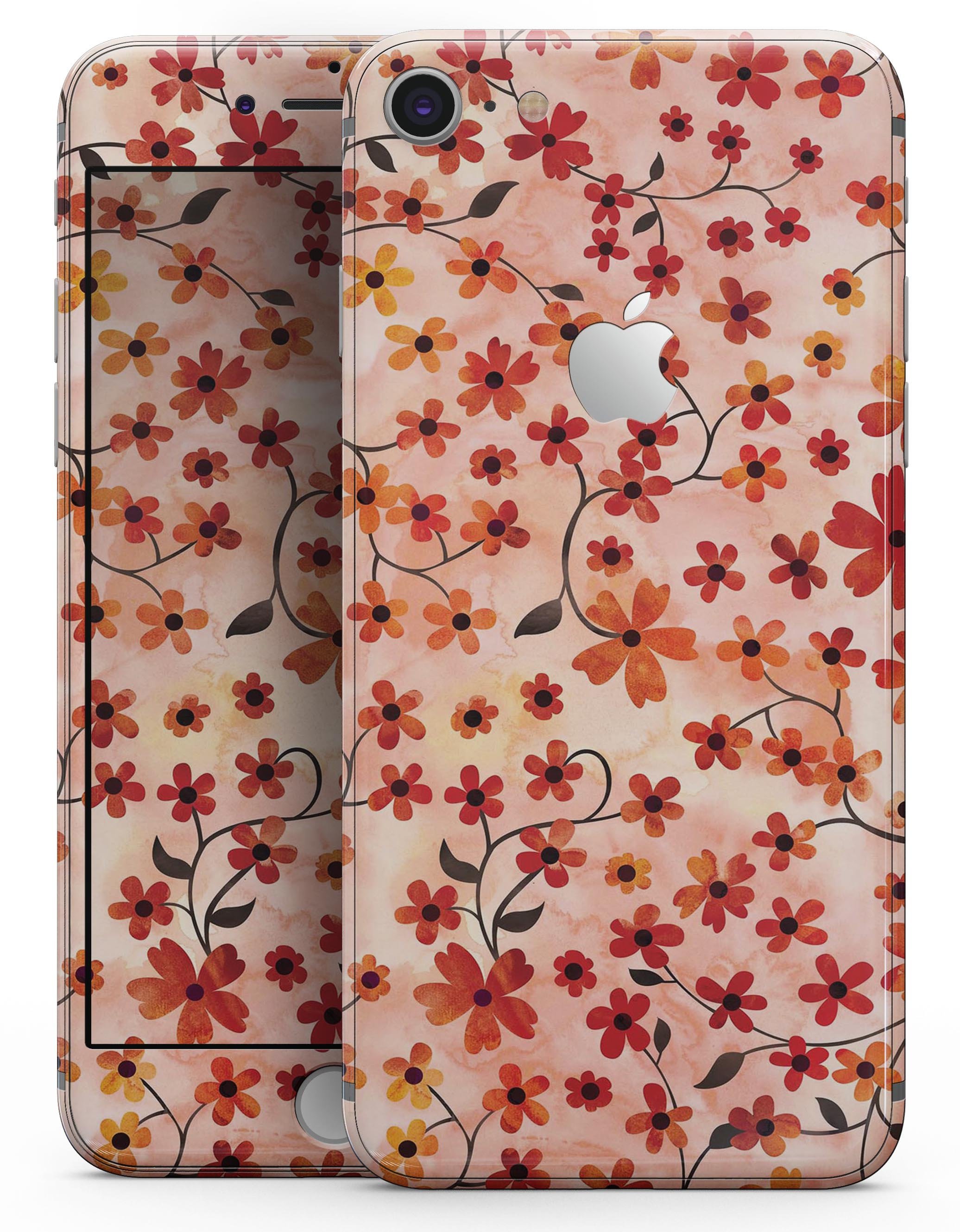 Colorful Flowers with Stems design on an orange watercolor background for iPhone 8 skin, showcasing vibrant colors and a sleek finish.
