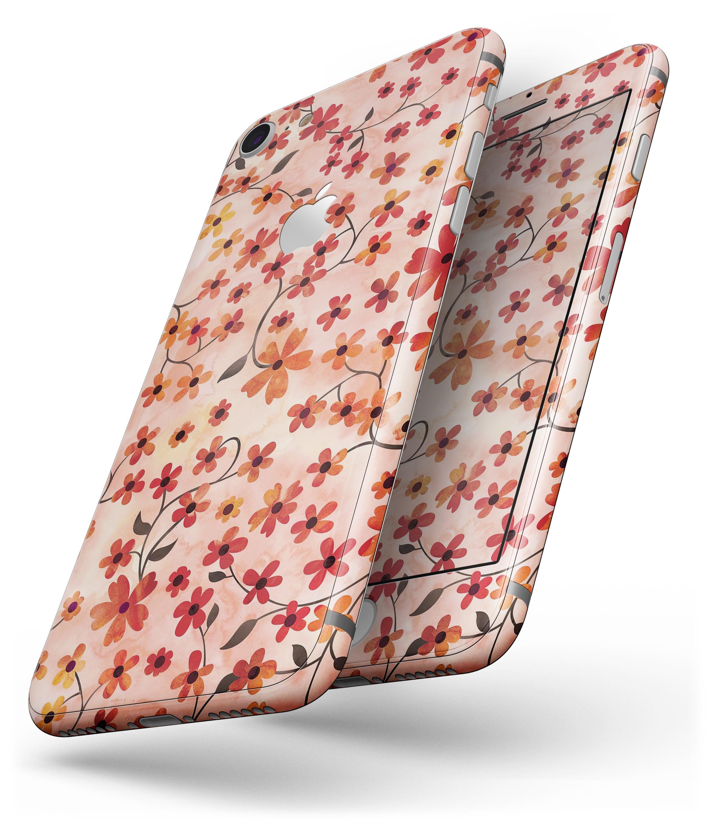 Colorful Flowers with Stems design on an orange watercolor background for iPhone 8 skin, showcasing vibrant colors and a sleek finish.
