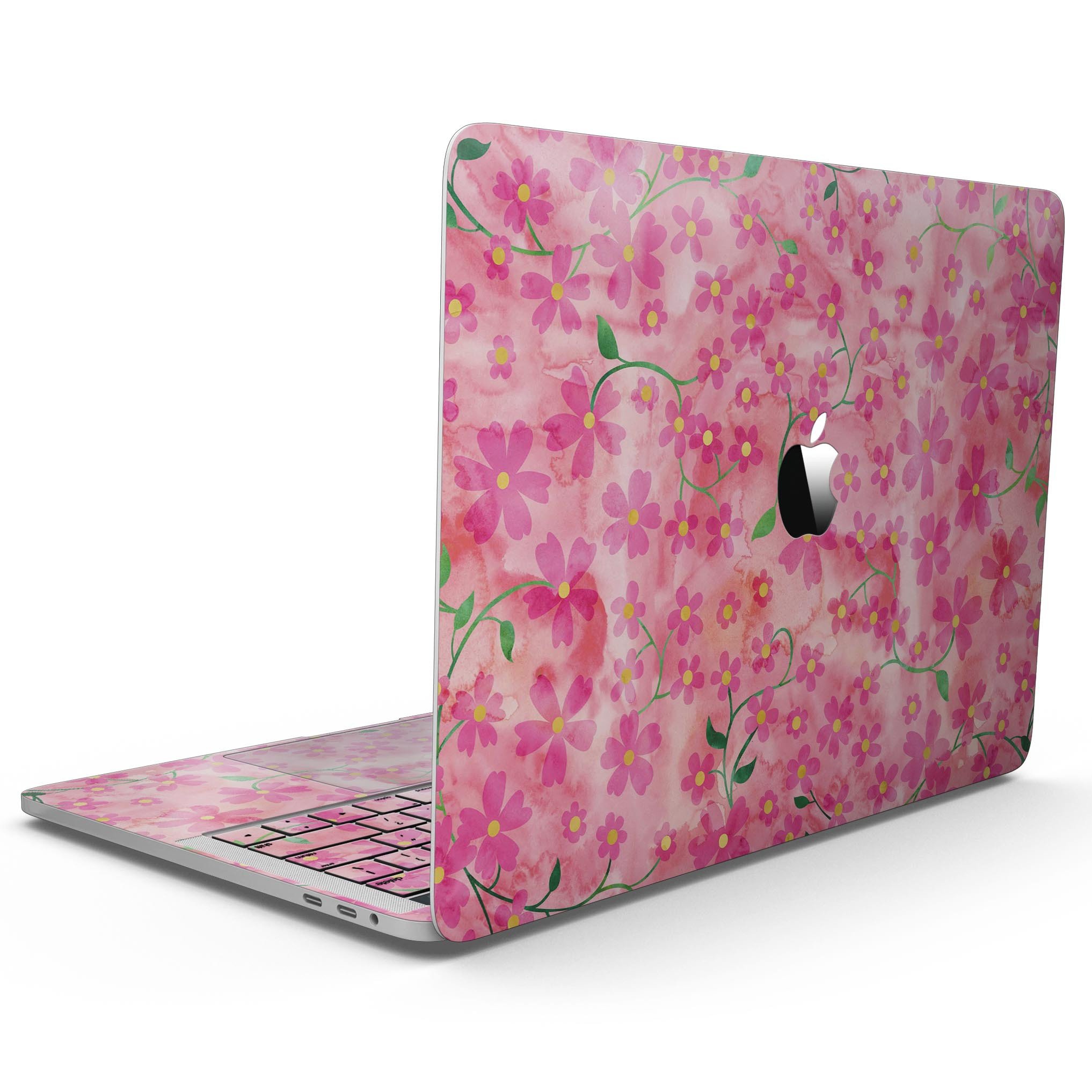 A MacBook Pro with Touch Bar featuring a vibrant Flowers with Stems design over a pink watercolor background, showcasing style and protection.