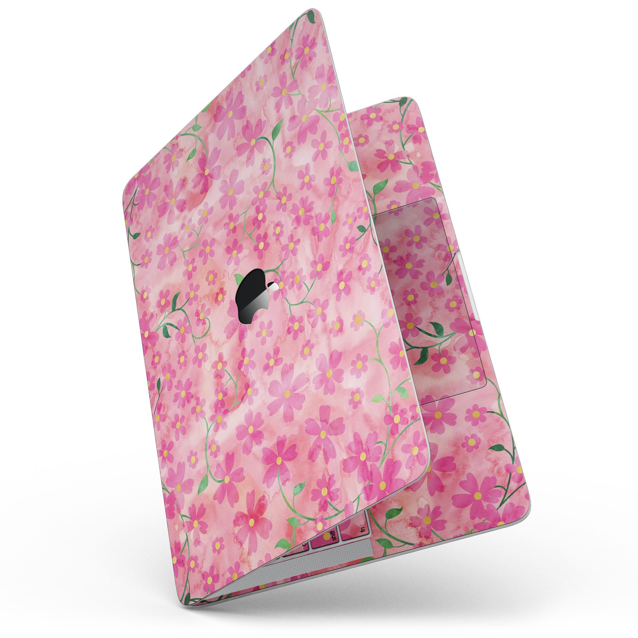 A MacBook Pro with Touch Bar featuring a vibrant Flowers with Stems design over a pink watercolor background, showcasing style and protection.
