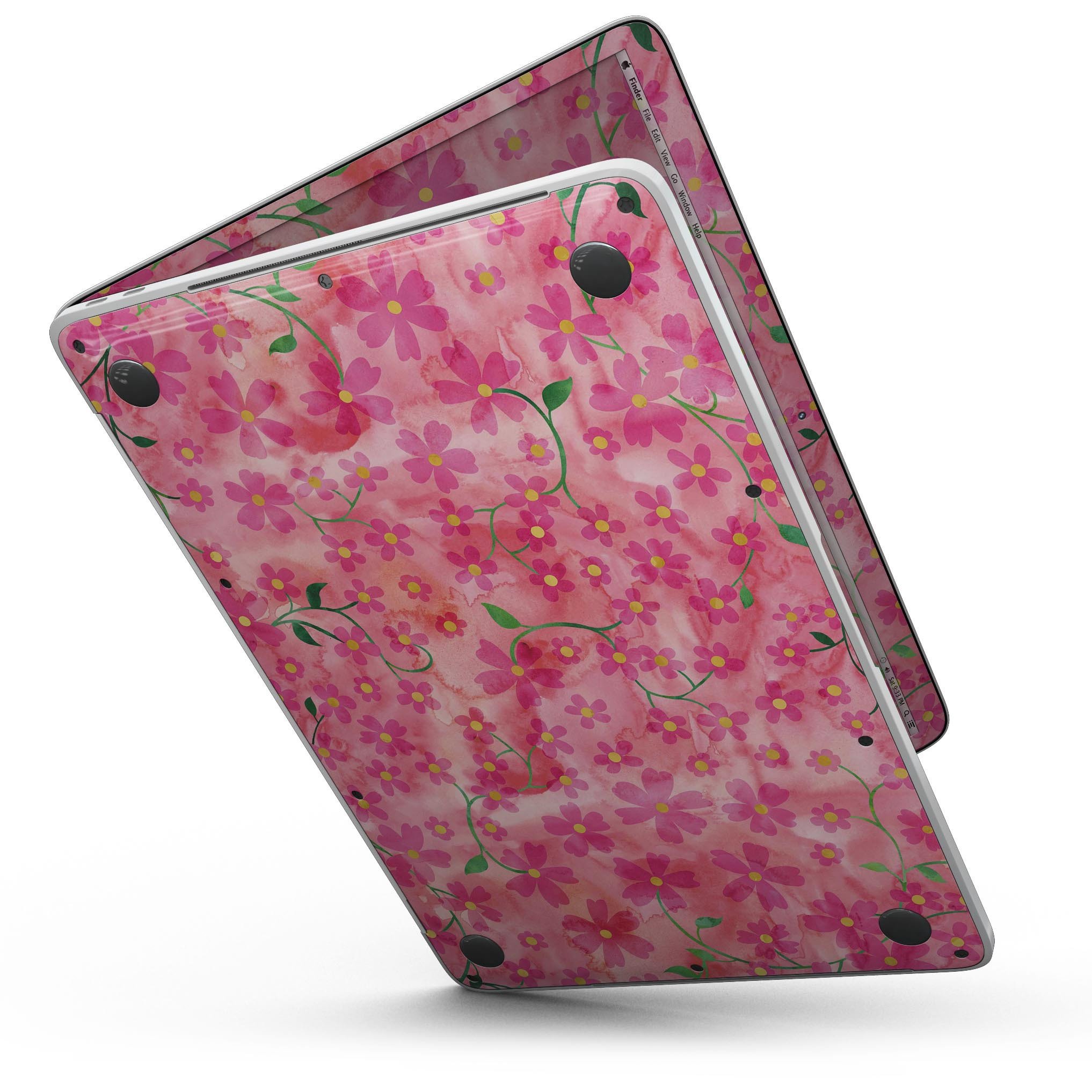 A MacBook Pro with Touch Bar featuring a vibrant Flowers with Stems design over a pink watercolor background, showcasing style and protection.
