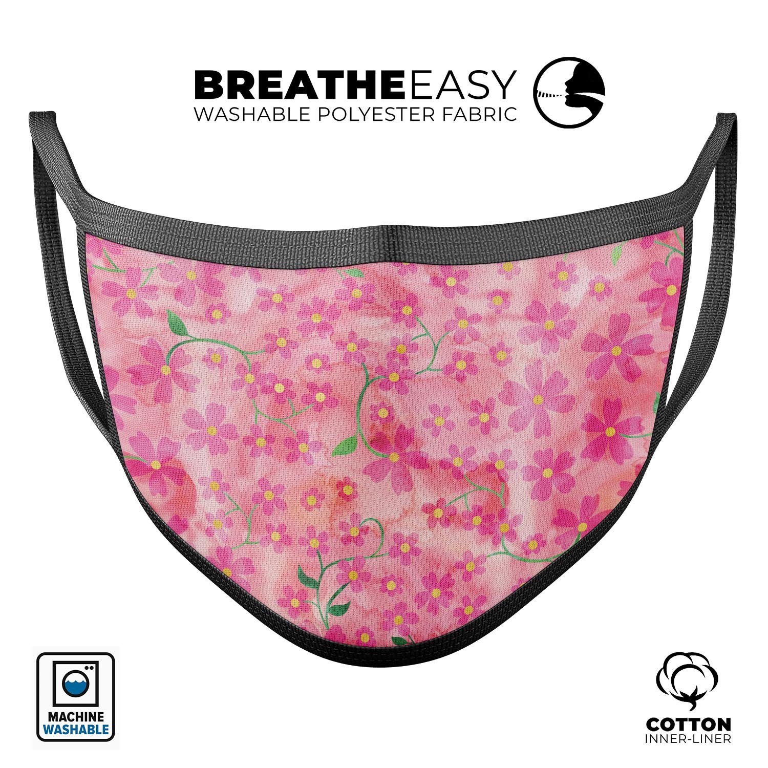 A vibrant mouth cover featuring flowers with stems over a pink watercolor background, showcasing its unique design and comfortable fit.