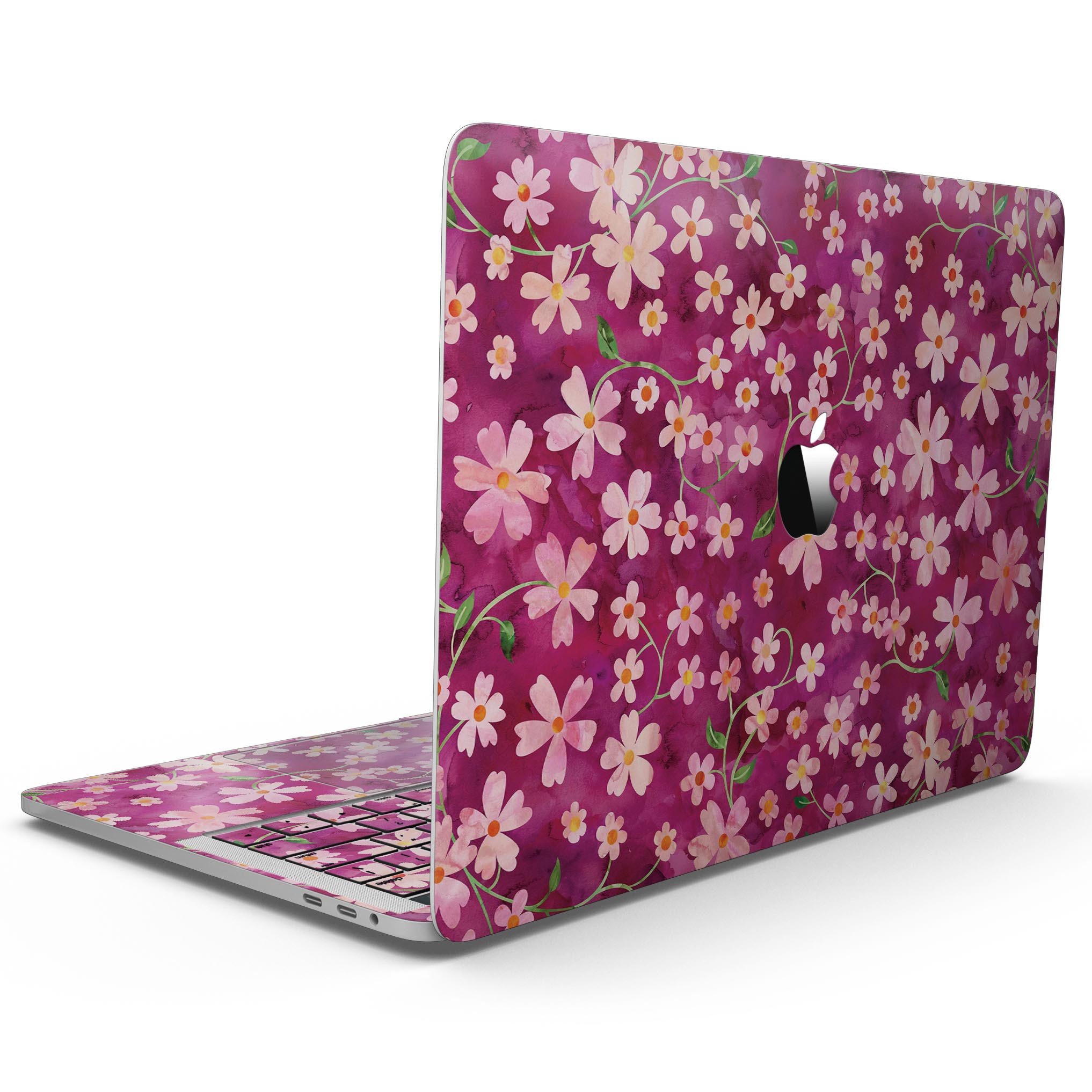 A 13" MacBook Pro with a vibrant Flowers with Stems watercolor skin, showcasing its stylish design and premium finish.