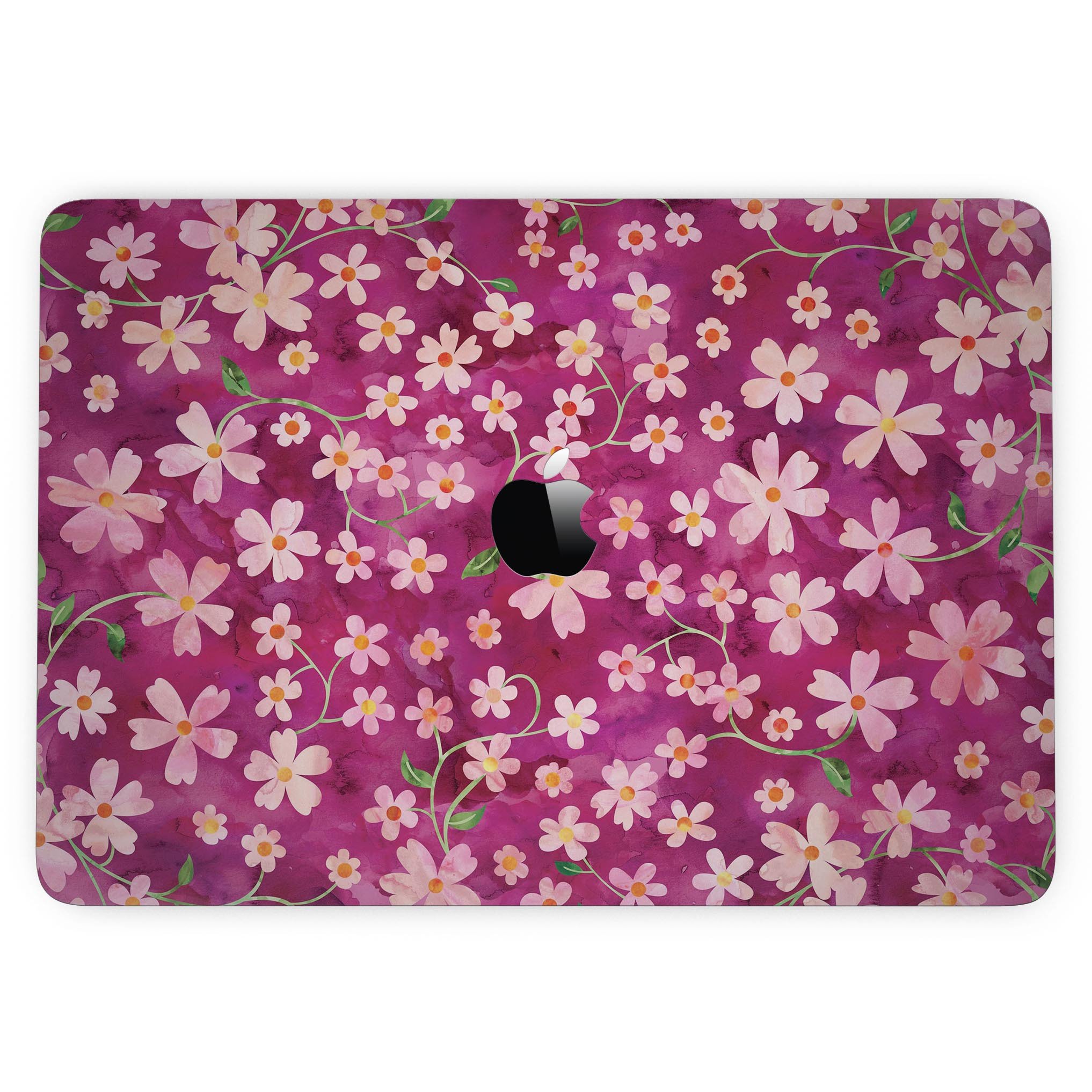 A 13" MacBook Pro with a vibrant Flowers with Stems watercolor skin, showcasing its stylish design and premium finish.