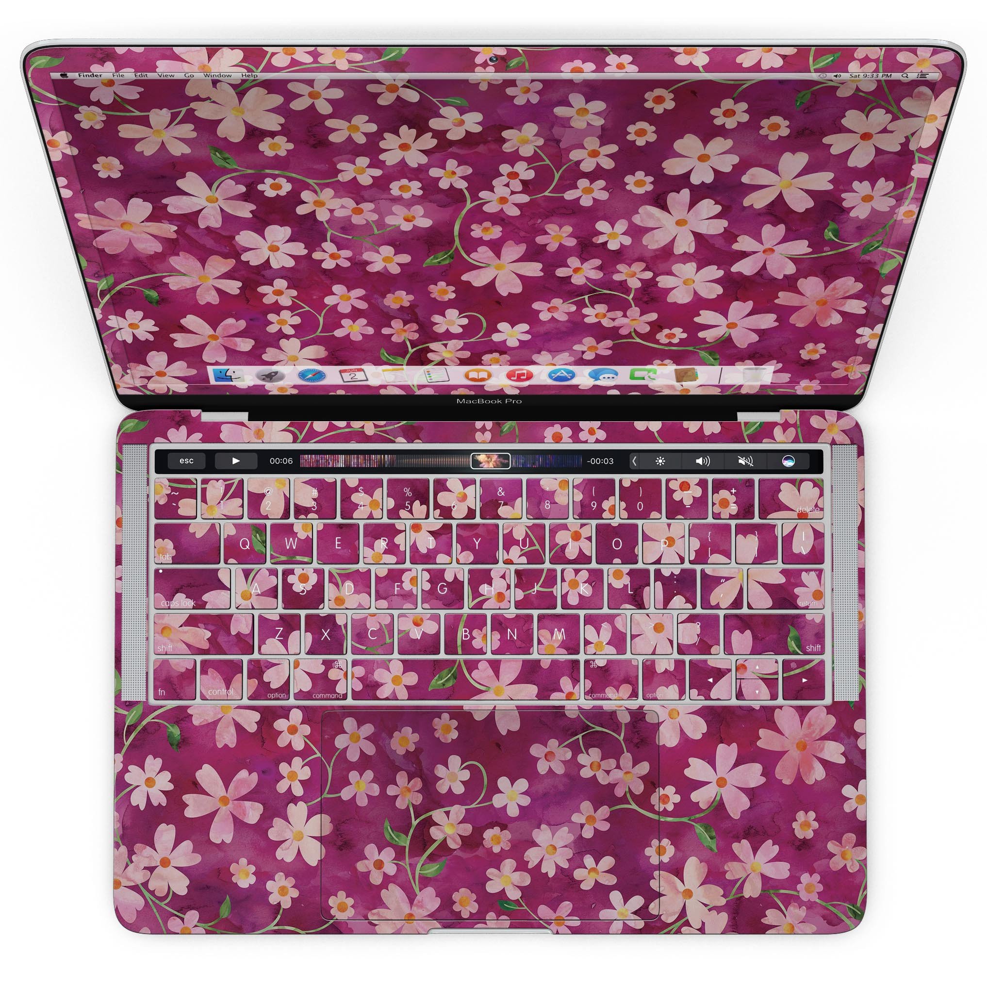 A MacBook Pro with Touch Bar featuring a Flowers with Stems over Wine Watercolor skin, showcasing vibrant floral designs on a sleek laptop.