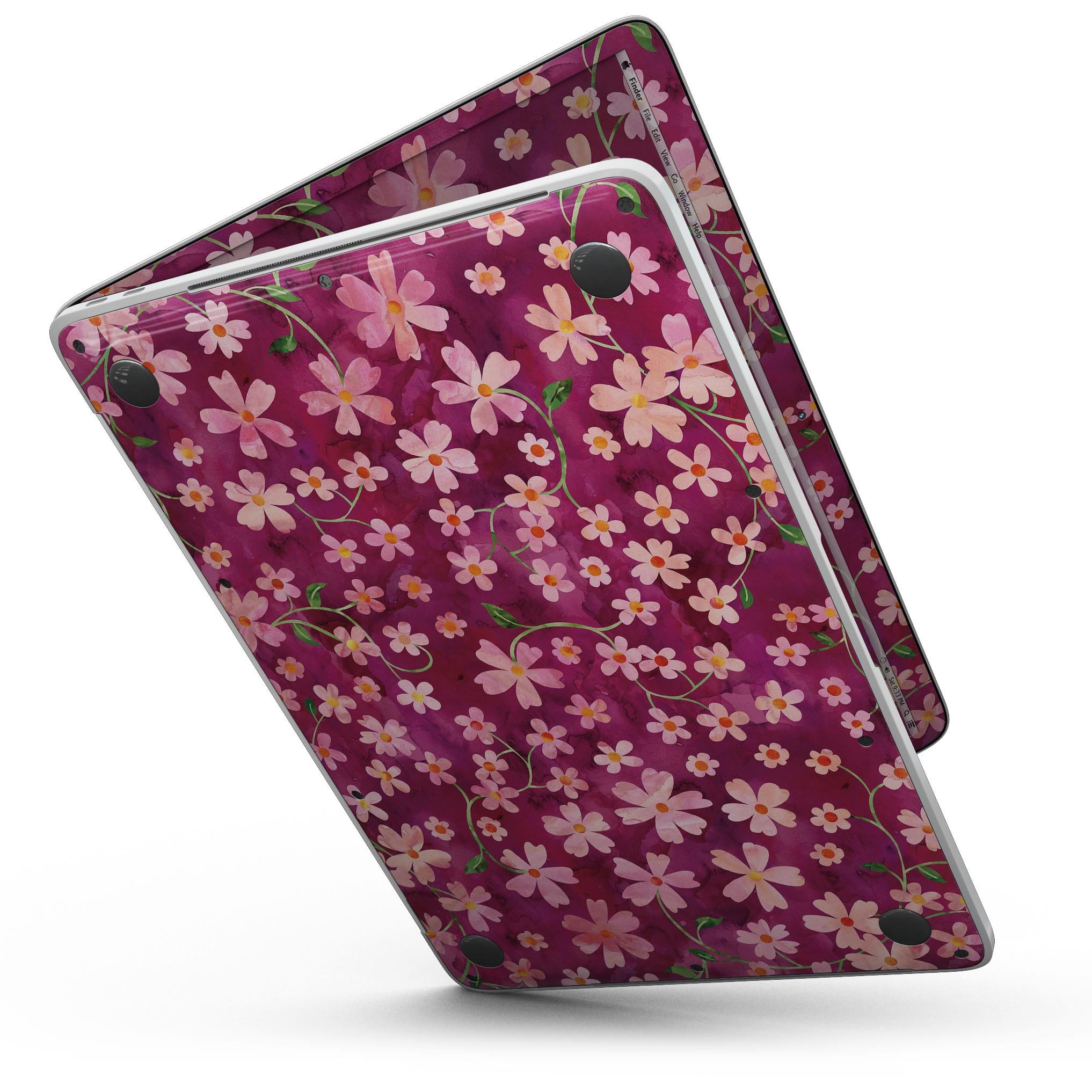 A MacBook Pro with Touch Bar featuring a Flowers with Stems over Wine Watercolor skin, showcasing vibrant floral designs on a sleek laptop.