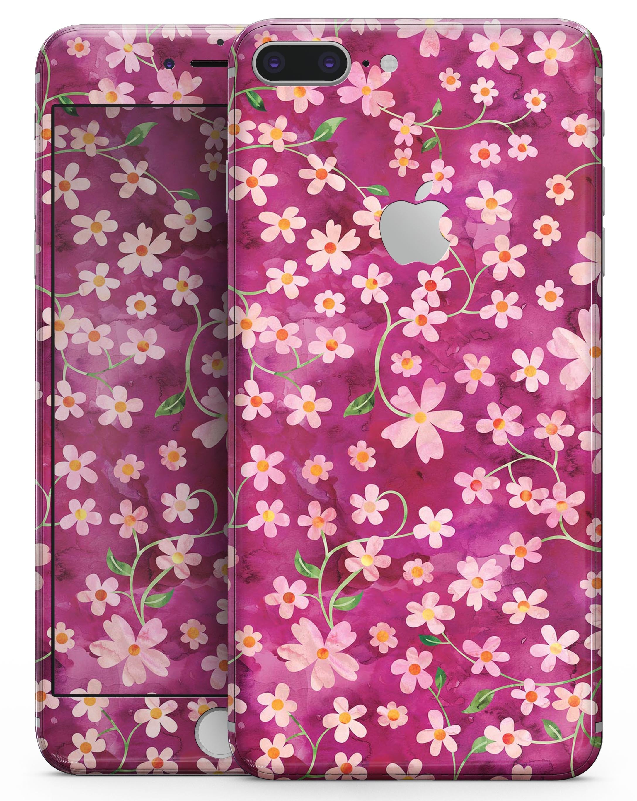 A vibrant watercolor skin design featuring flowers with stems over a wine background, tailored for iPhone 8 and 8 Plus.