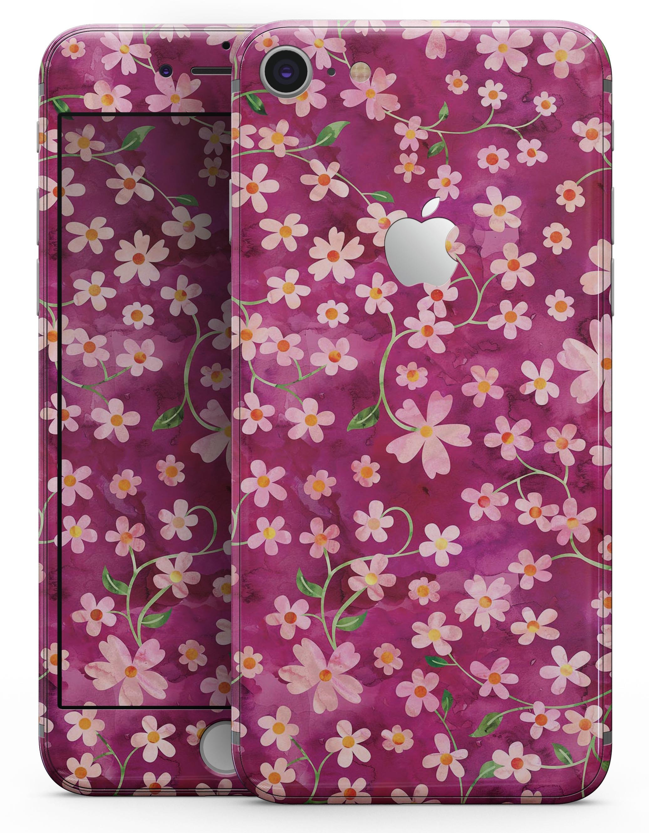 A vibrant watercolor skin design featuring flowers with stems over a wine background, tailored for iPhone 8 and 8 Plus.
