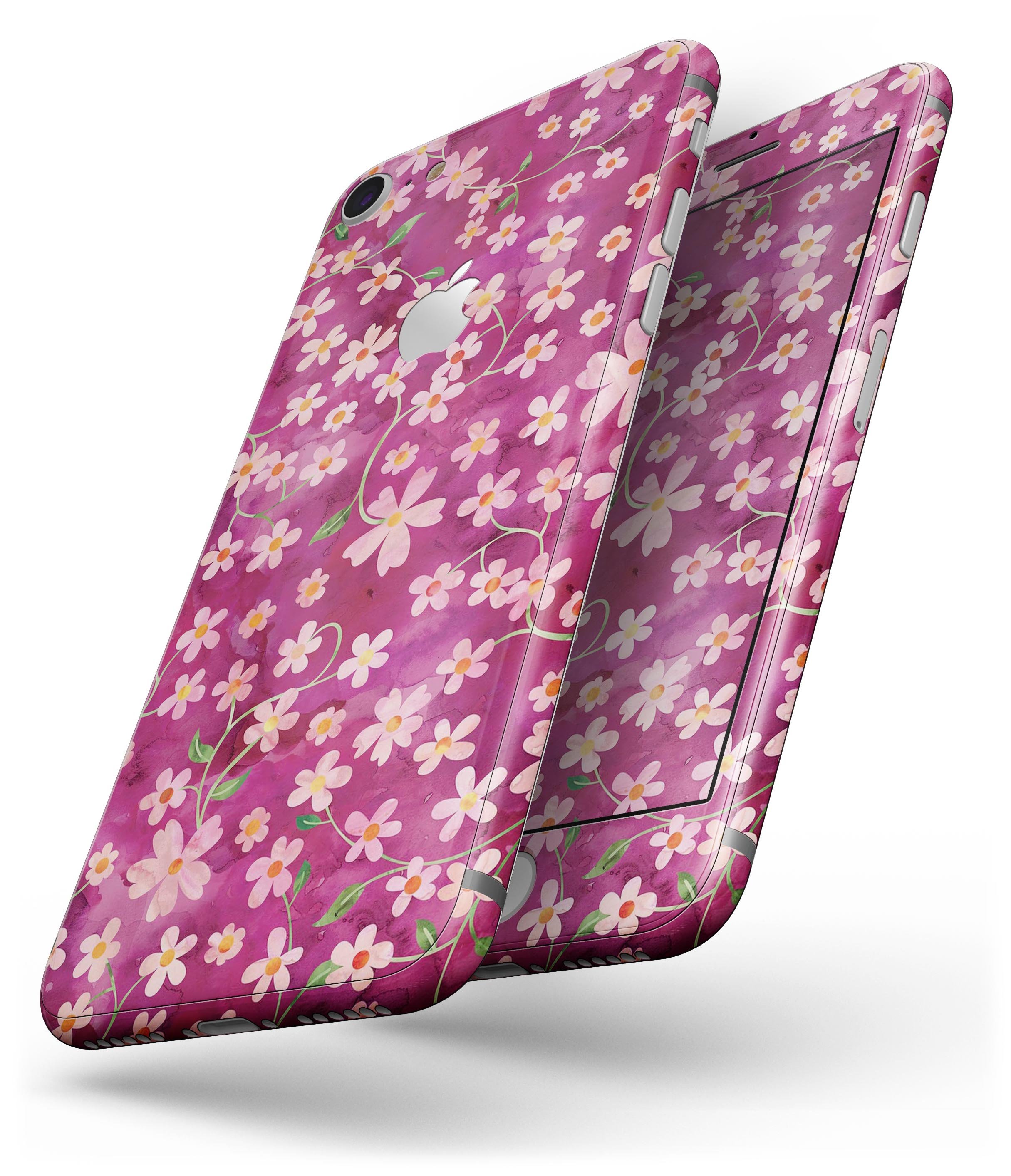 A vibrant watercolor skin design featuring flowers with stems over a wine background, tailored for iPhone 8 and 8 Plus.