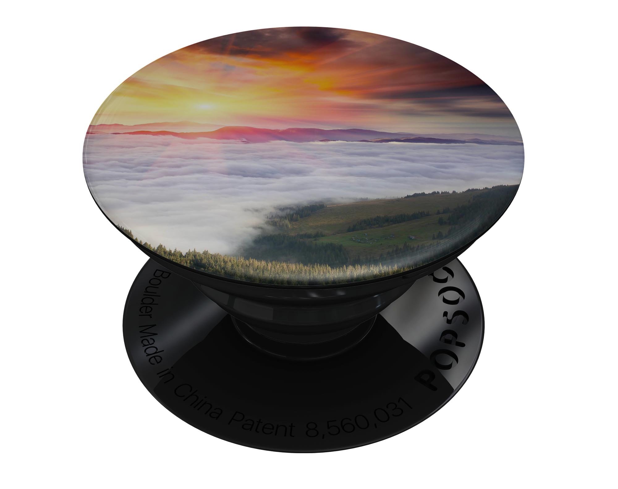 Foggy Mountainside Skin Kit for PopSockets, featuring a scenic mountain design on premium vinyl, showcasing its glossy finish.