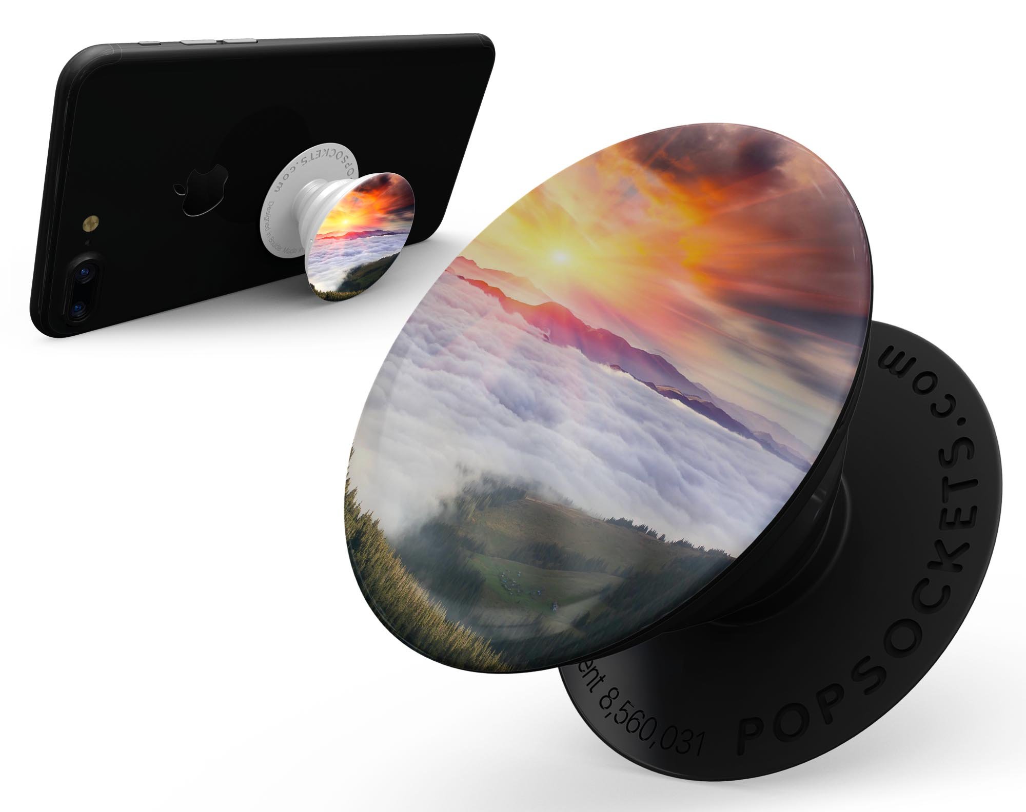 Foggy Mountainside Skin Kit for PopSockets, featuring a scenic mountain design on premium vinyl, showcasing its glossy finish.