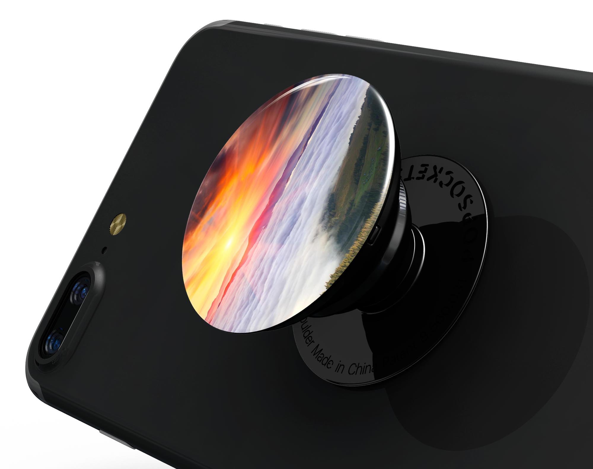 Foggy Mountainside Skin Kit for PopSockets, featuring a scenic mountain design on premium vinyl, showcasing its glossy finish.