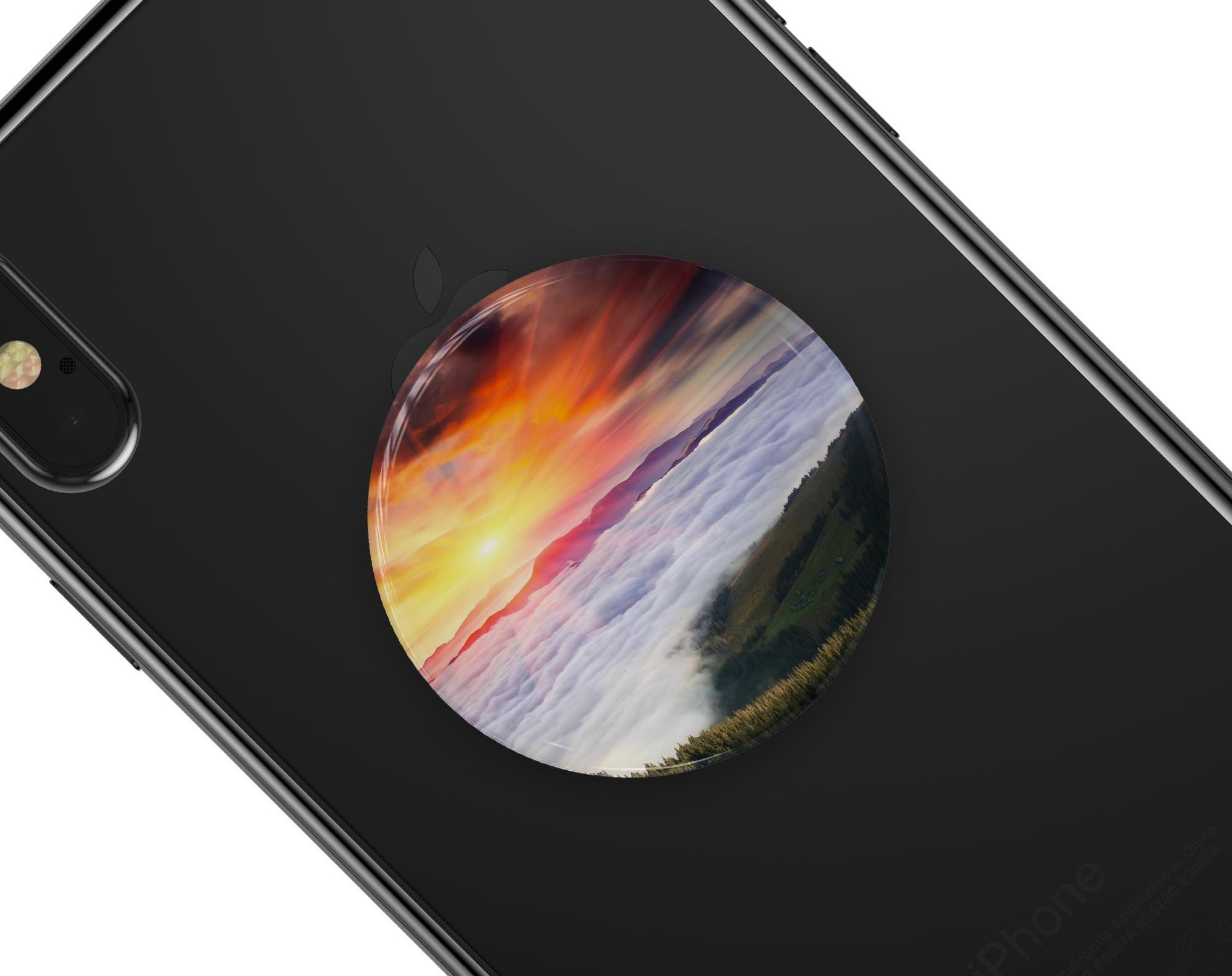 Foggy Mountainside Skin Kit for PopSockets, featuring a scenic mountain design on premium vinyl, showcasing its glossy finish.