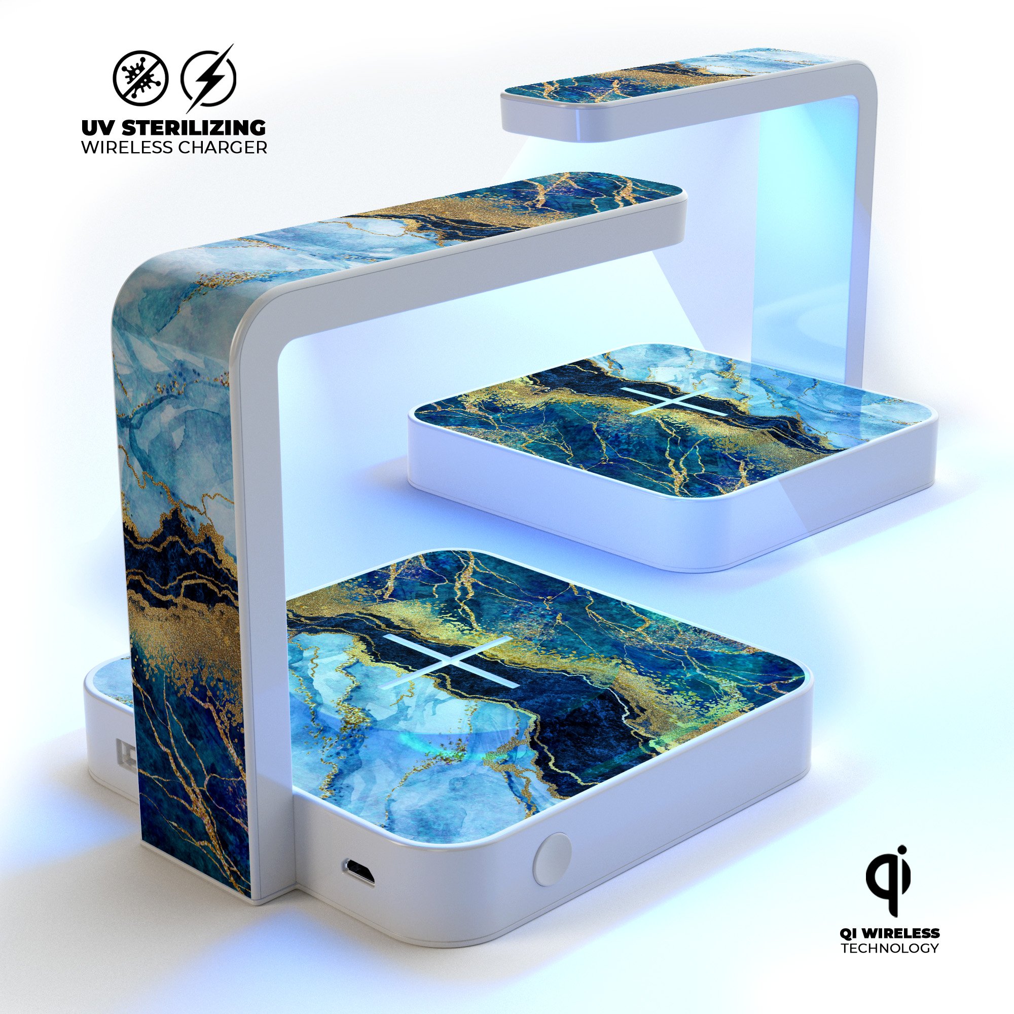 Foiled Marble Agate UV Germicidal Sanitizing Wireless Charger with decorative skin, showcasing its sleek design and functionality.