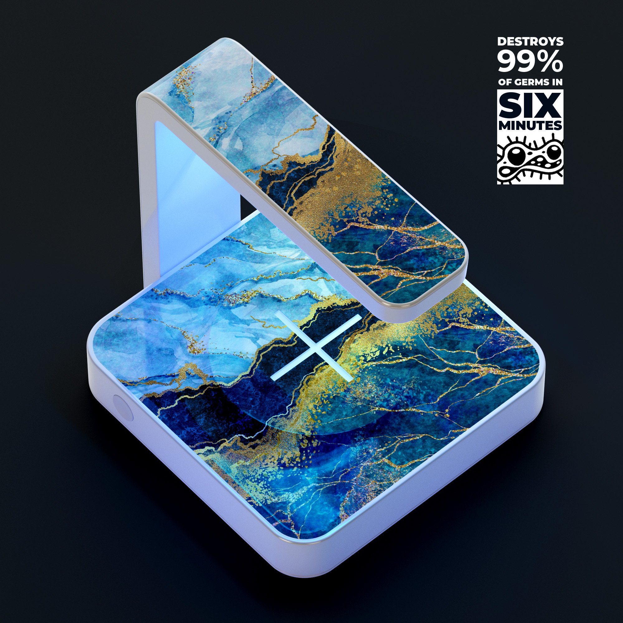 Foiled Marble Agate UV Germicidal Sanitizing Wireless Charger with decorative skin, showcasing its sleek design and functionality.