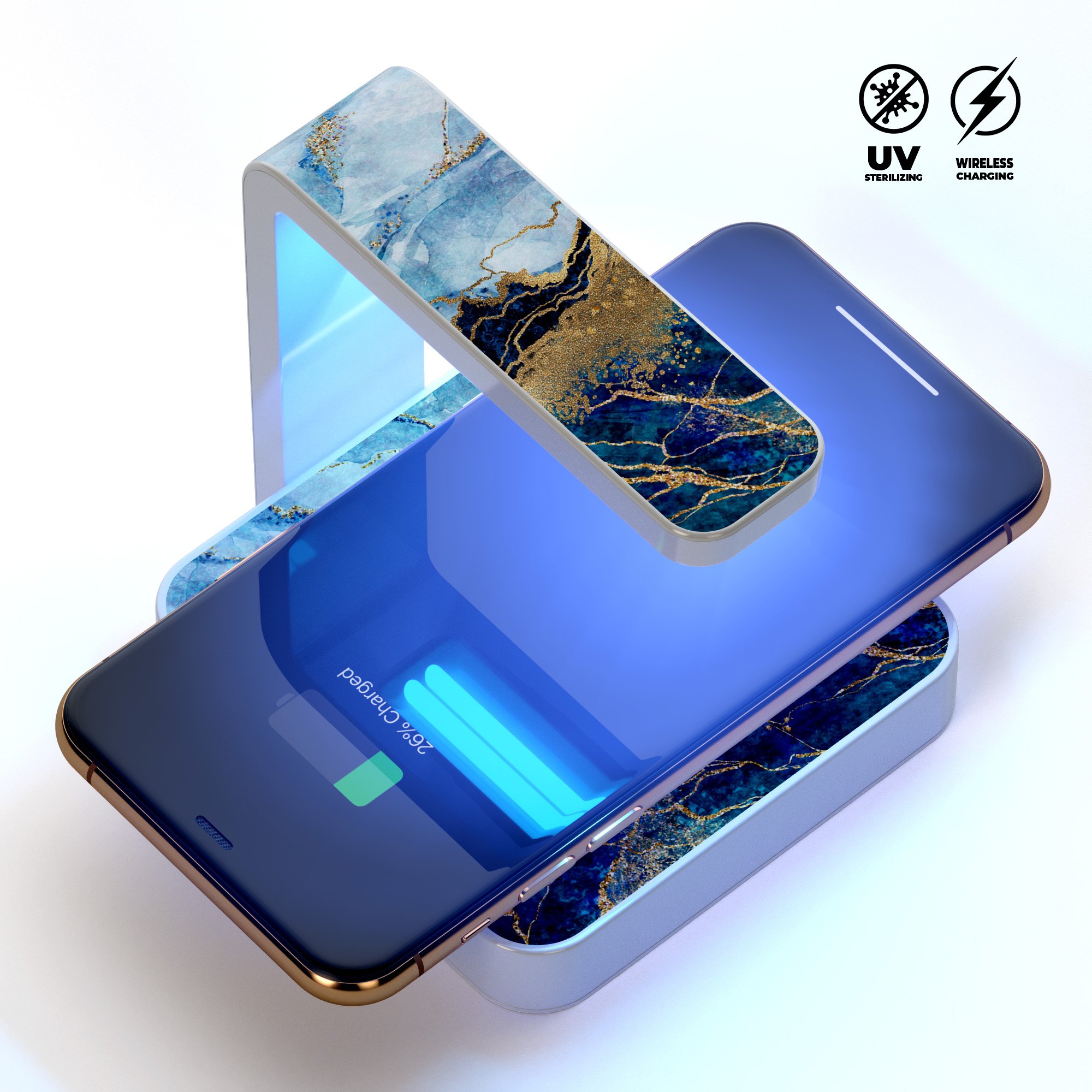 Foiled Marble Agate UV Germicidal Sanitizing Wireless Charger with decorative skin, showcasing its sleek design and functionality.