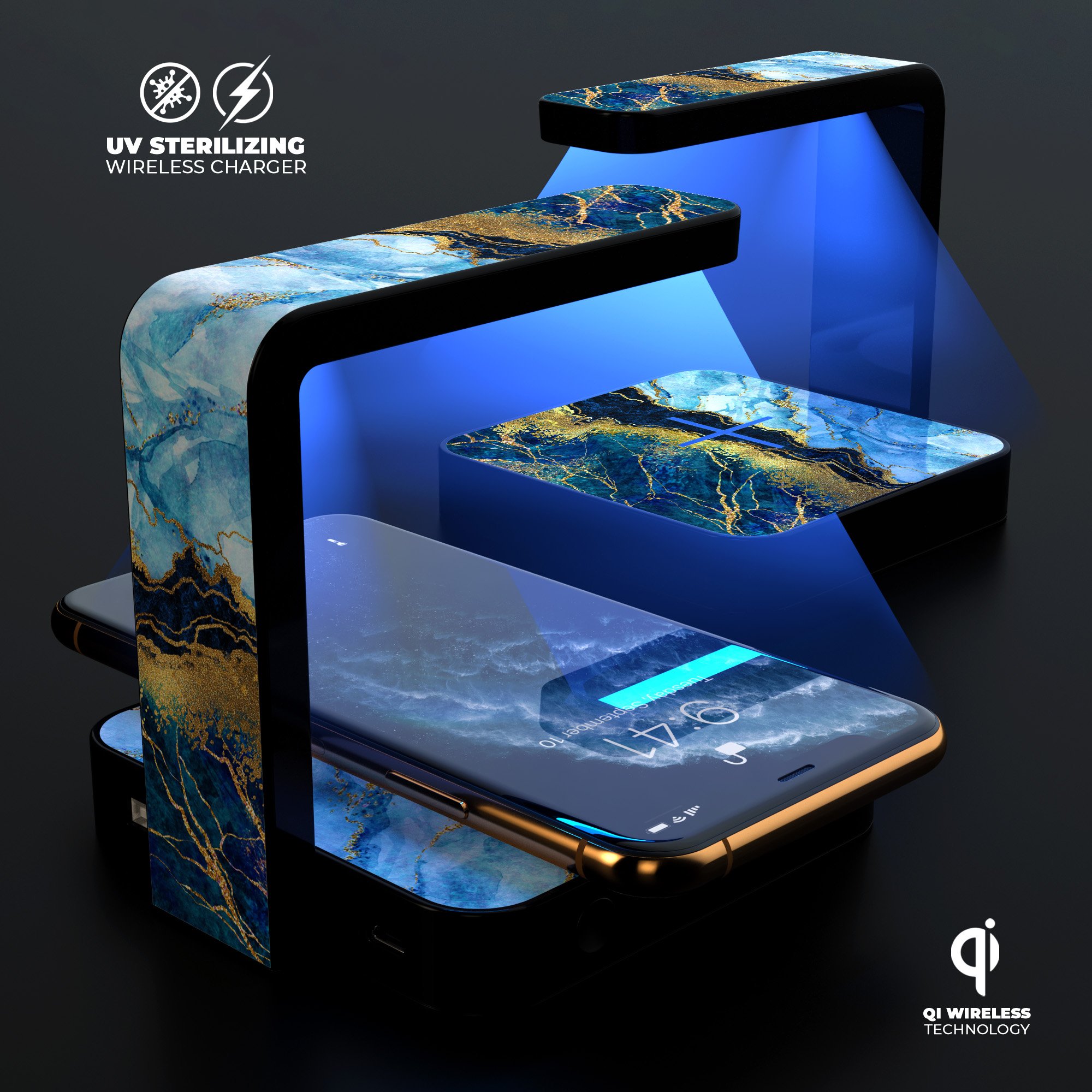 Foiled Marble Agate UV Germicidal Sanitizing Wireless Charger with decorative skin, showcasing its sleek design and functionality.