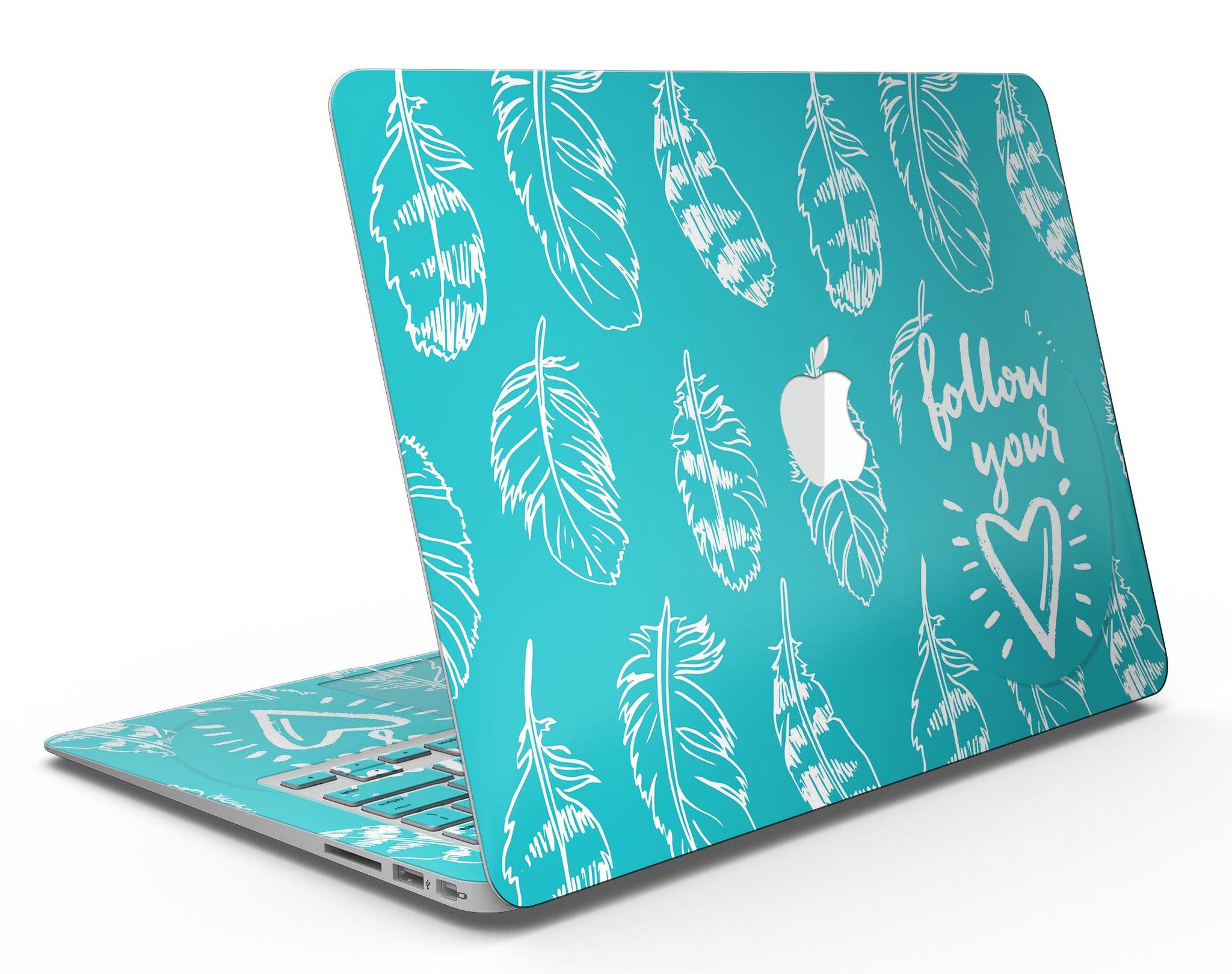 Follow Your Heart Feathers MacBook Air Skin Kit showcasing vibrant feather design on premium vinyl.