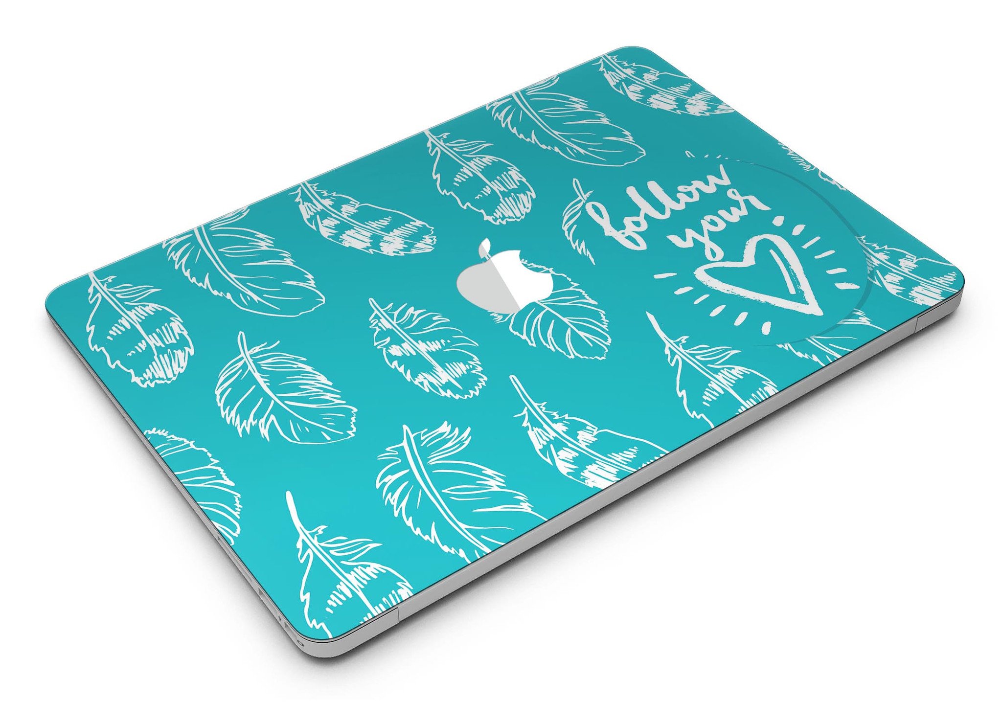 Follow Your Heart Feathers MacBook Air Skin Kit showcasing vibrant feather design on premium vinyl.