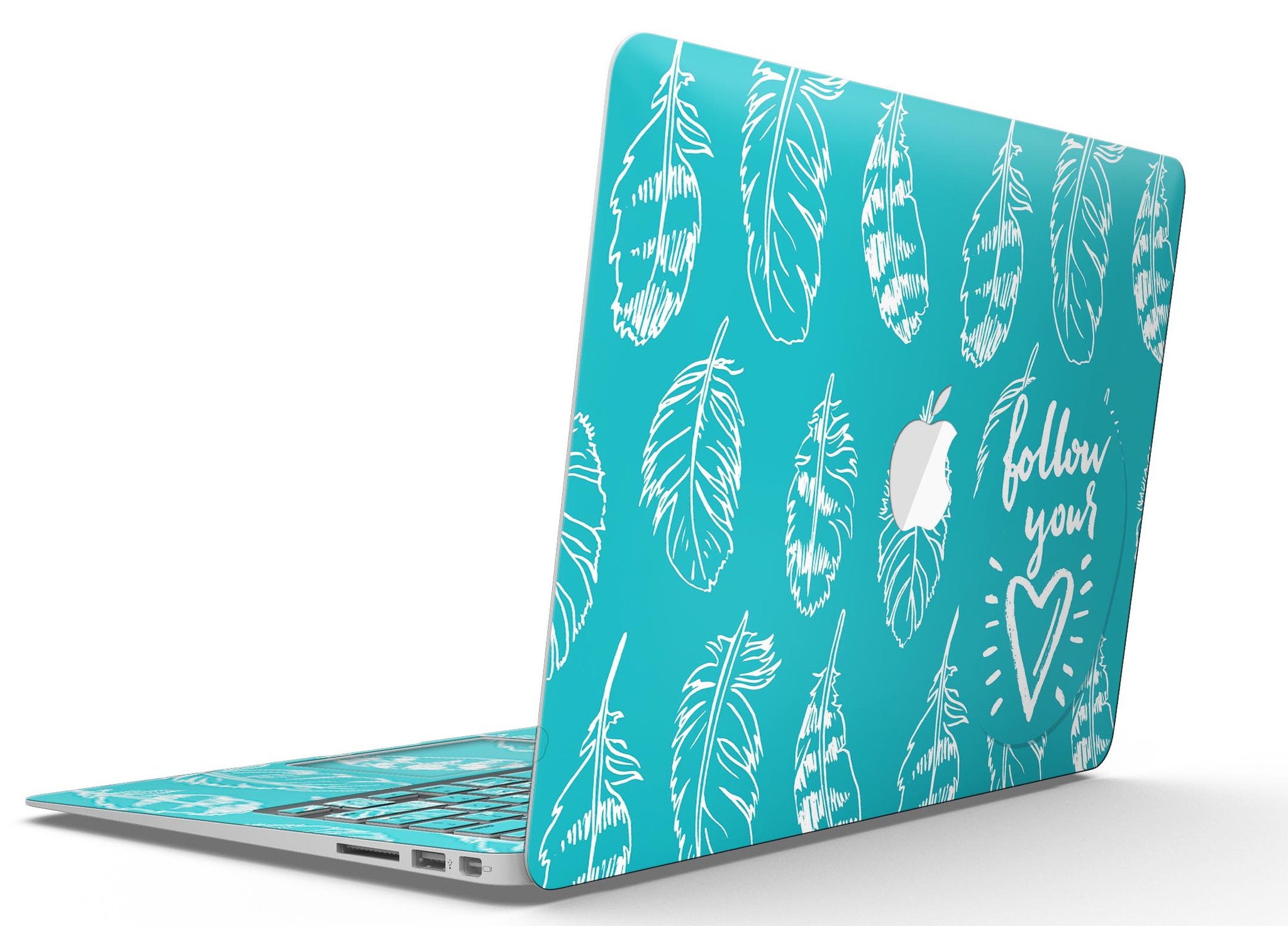 Follow Your Heart Feathers MacBook Air Skin Kit showcasing vibrant feather design on premium vinyl.