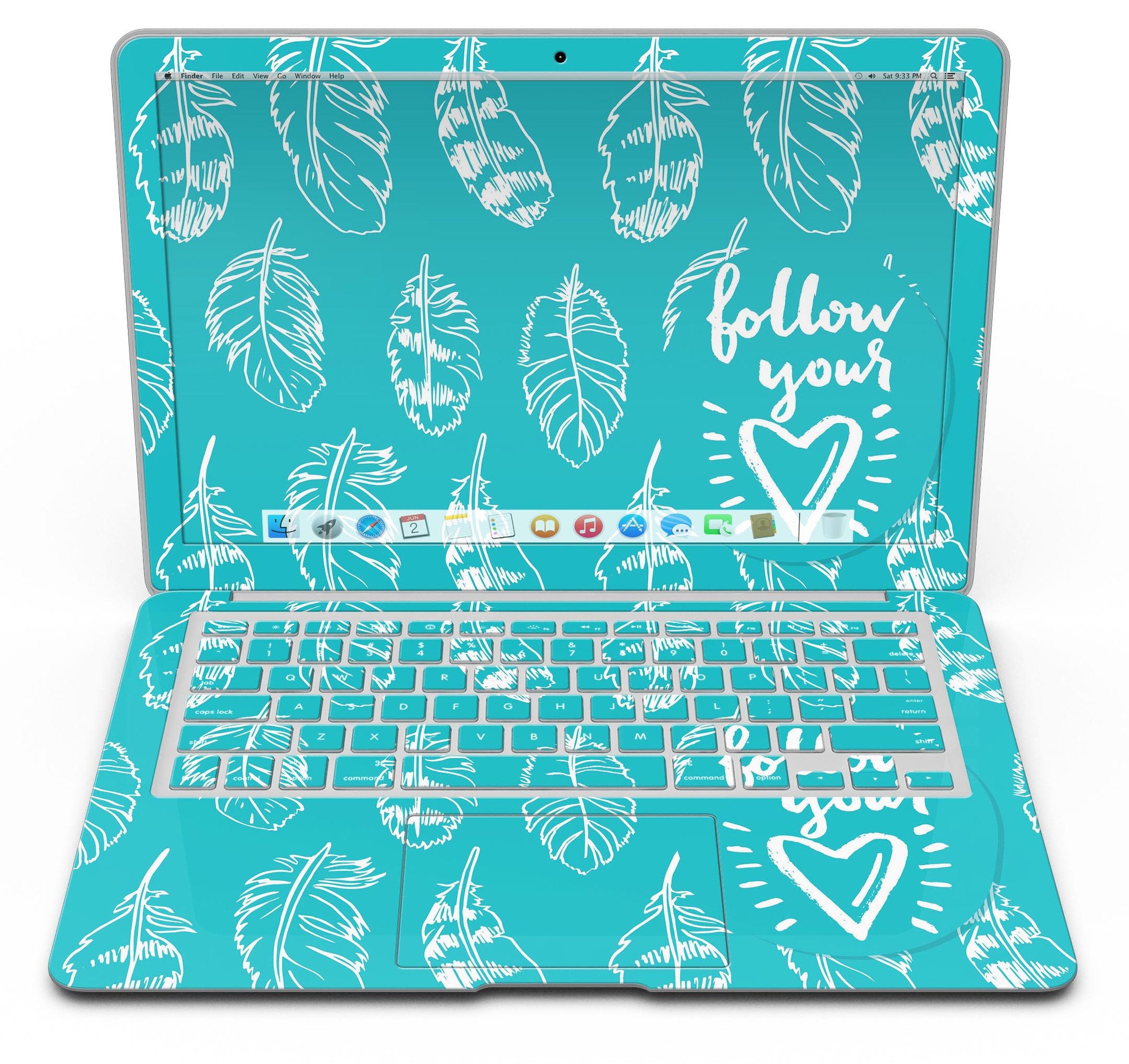 Follow Your Heart Feathers MacBook Air Skin Kit showcasing vibrant feather design on premium vinyl.