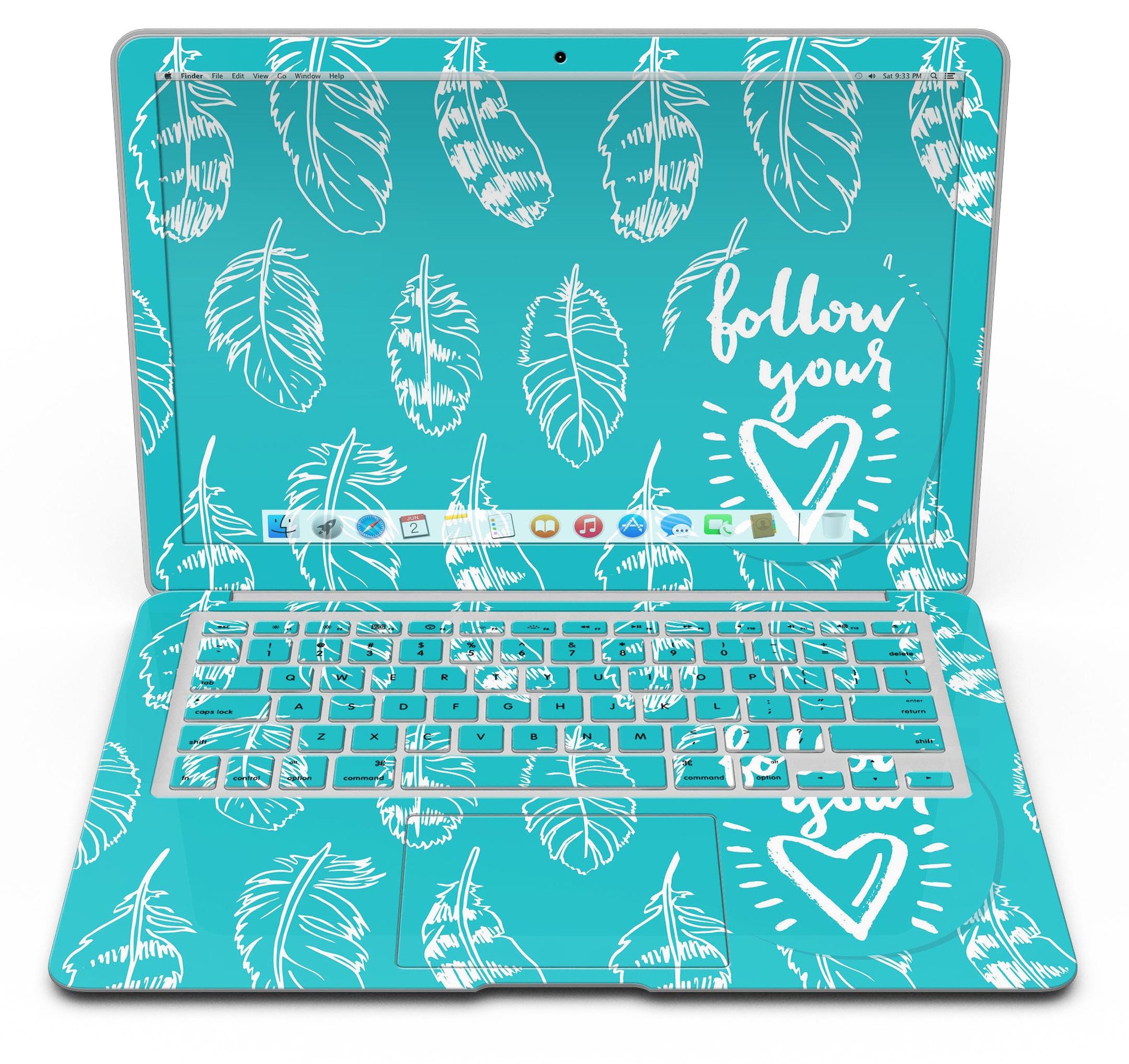 Follow Your Heart Feathers MacBook Air Skin Kit showcasing vibrant feather design on premium vinyl.
