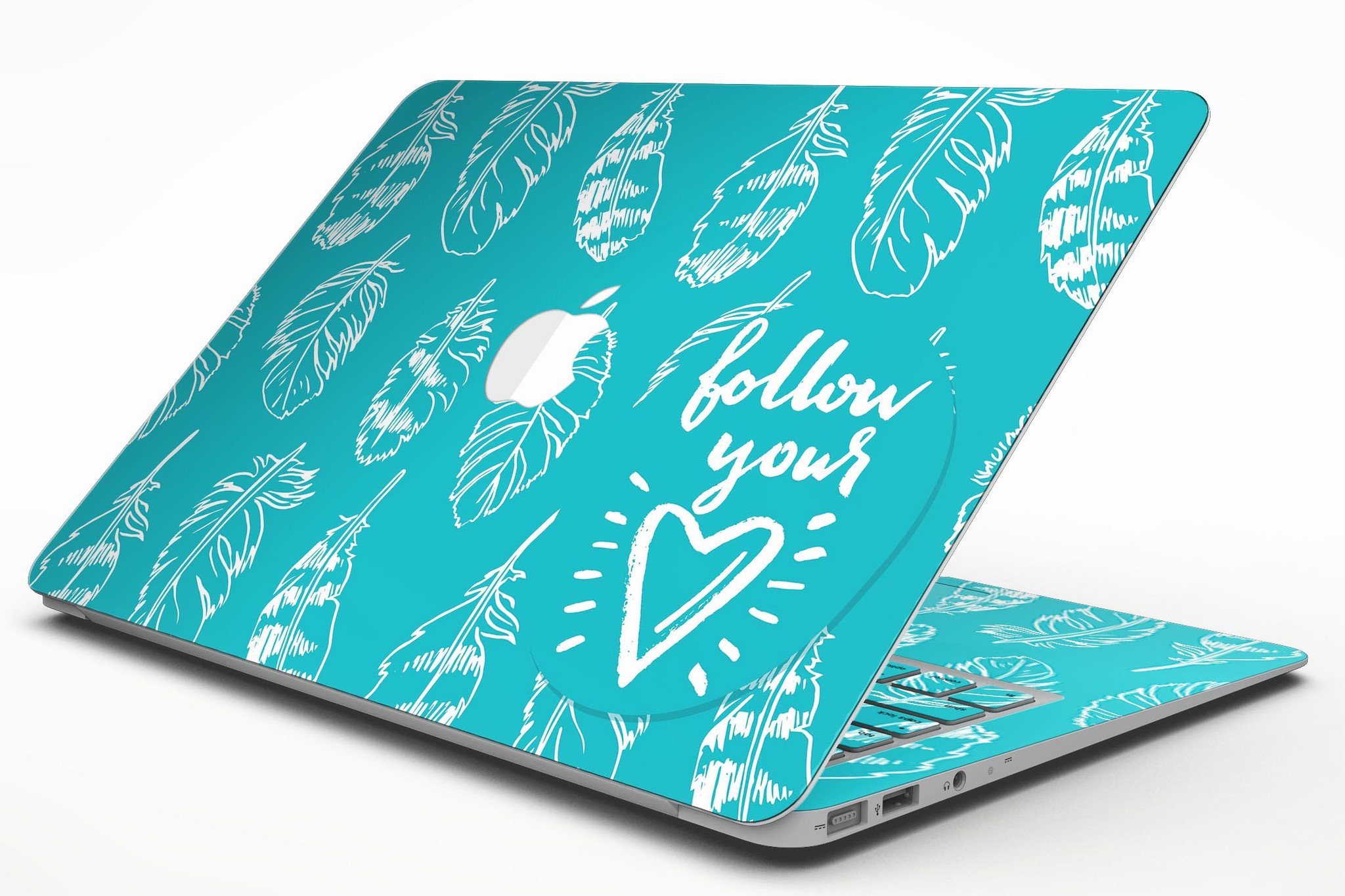 Follow Your Heart Feathers MacBook Air Skin Kit showcasing vibrant feather design on premium vinyl.