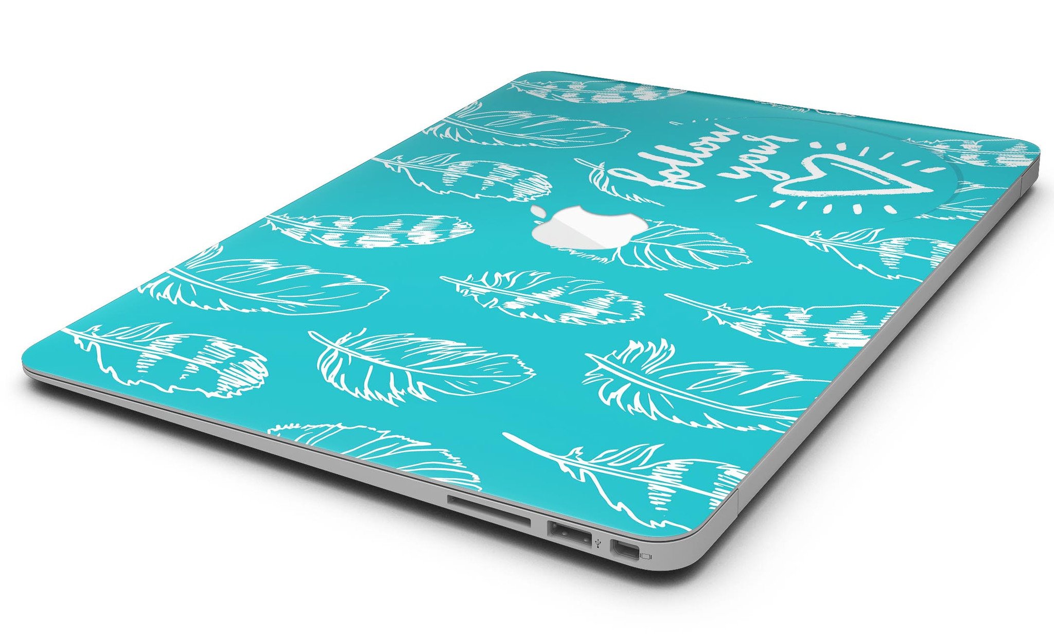 Follow Your Heart Feathers MacBook Air Skin Kit showcasing vibrant feather design on premium vinyl.