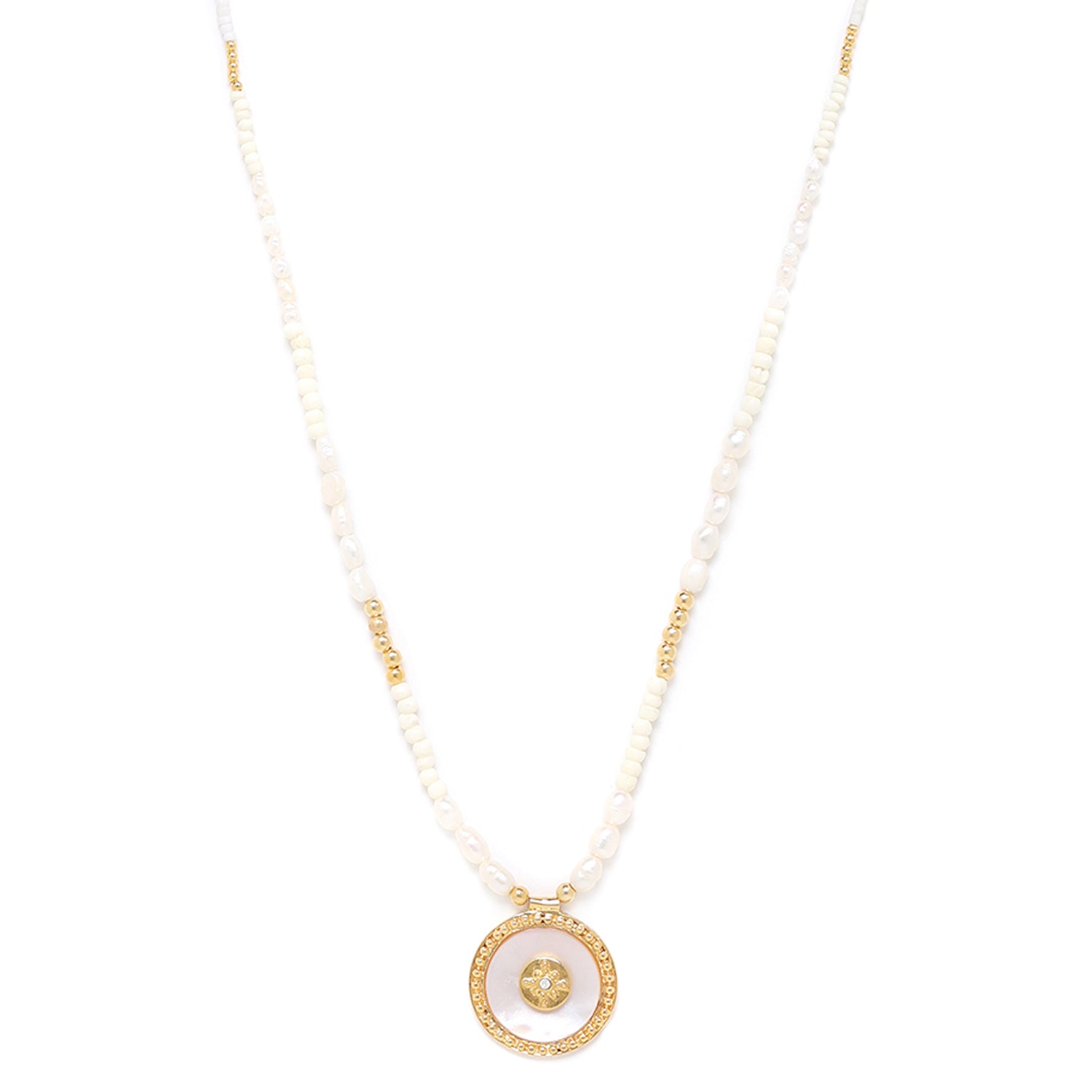 Franck Herval Ally Long Necklace featuring white mother-of-pearl and cultured pearls, showcasing a bohemian chic style.