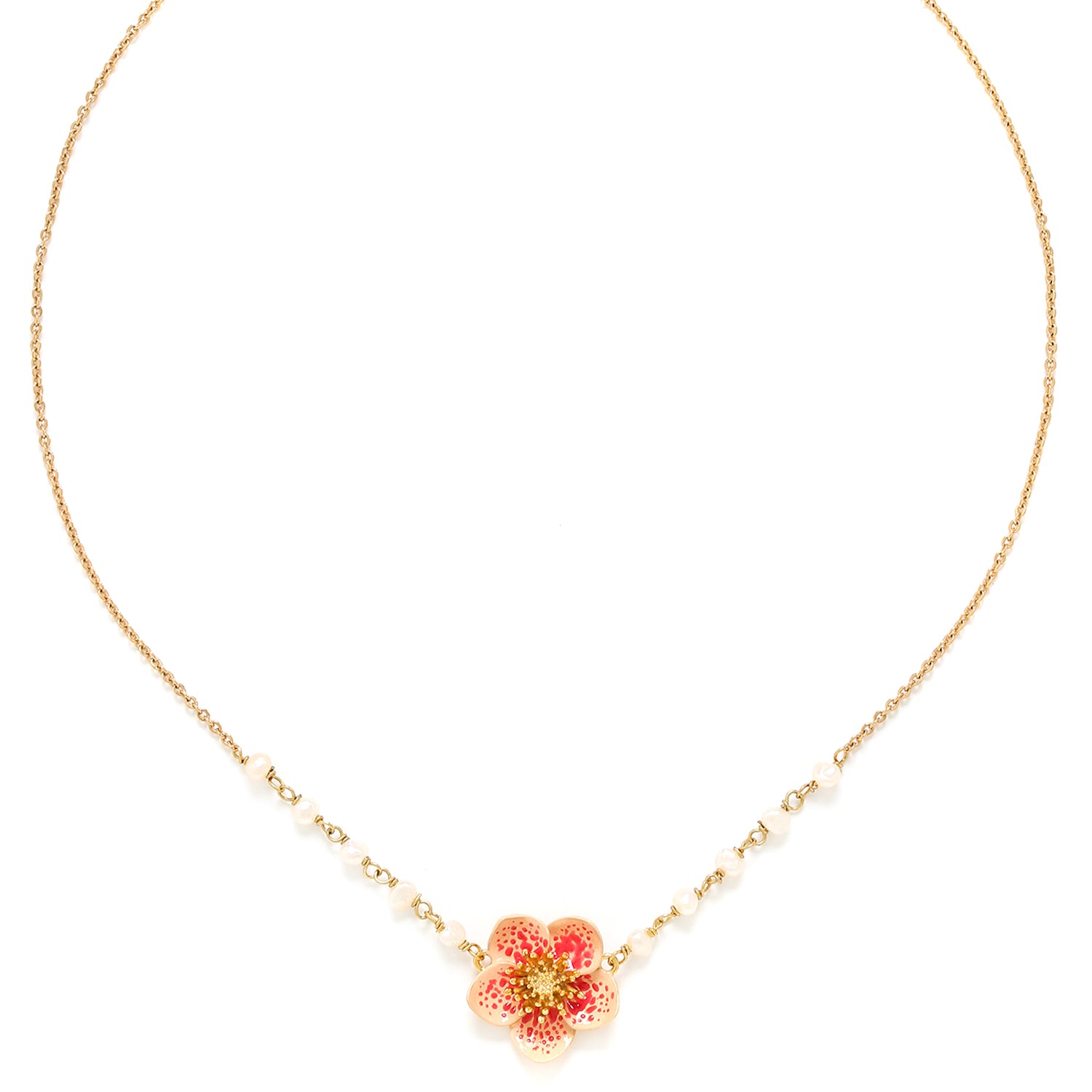 Franck Herval Dafne Looped Fwp Necklace featuring vibrant orange flowers, showcasing intricate craftsmanship and romantic design.