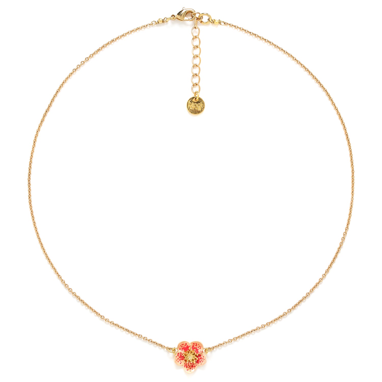 Franck Herval Dafne Simple Flower Necklace featuring vibrant orange flowers delicately crafted for a romantic look.