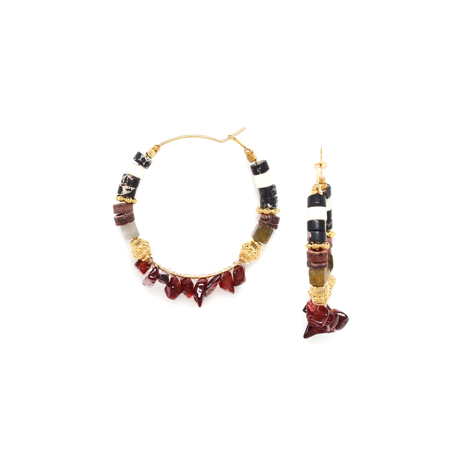 Franck Herval Kara Creole Earring featuring garnet and labradorite stones in an ethnic chic design.