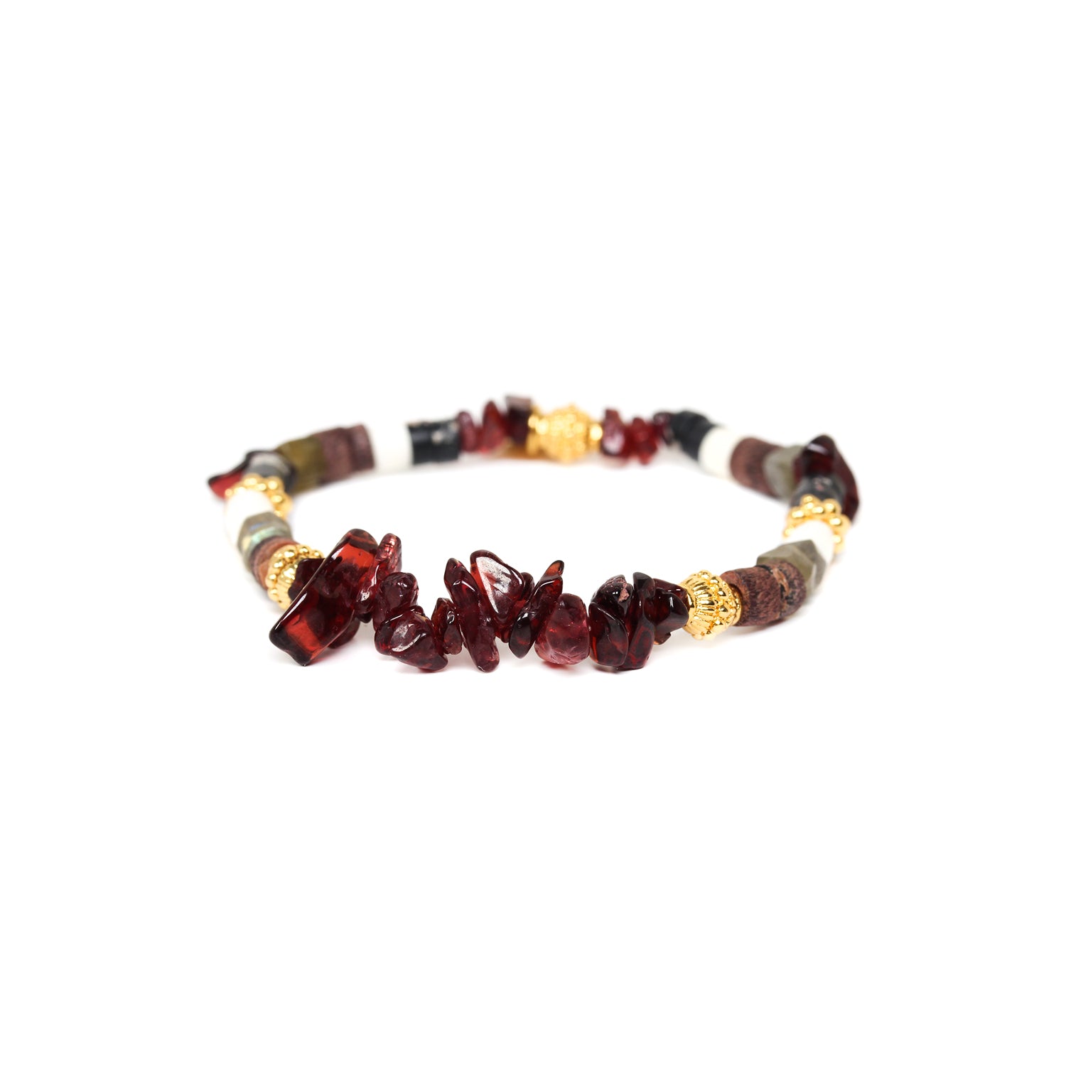 Franck Herval Kara Stretch Bracelet featuring garnet and labradorite stones, showcasing ethnic chic design.