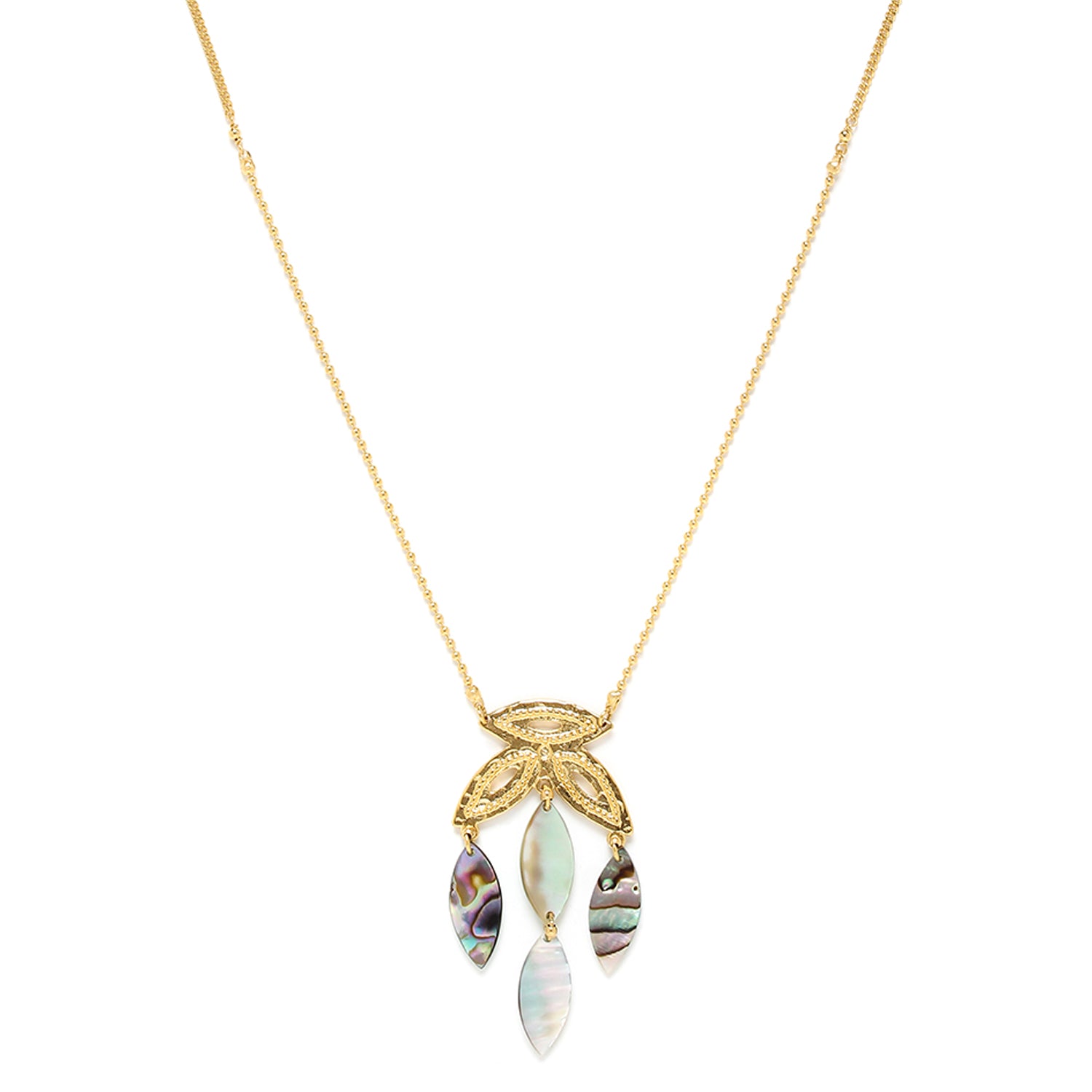 Franck Herval Sasha Necklace featuring 3 holes and dangles, crafted from fine gold with abalone reflections.