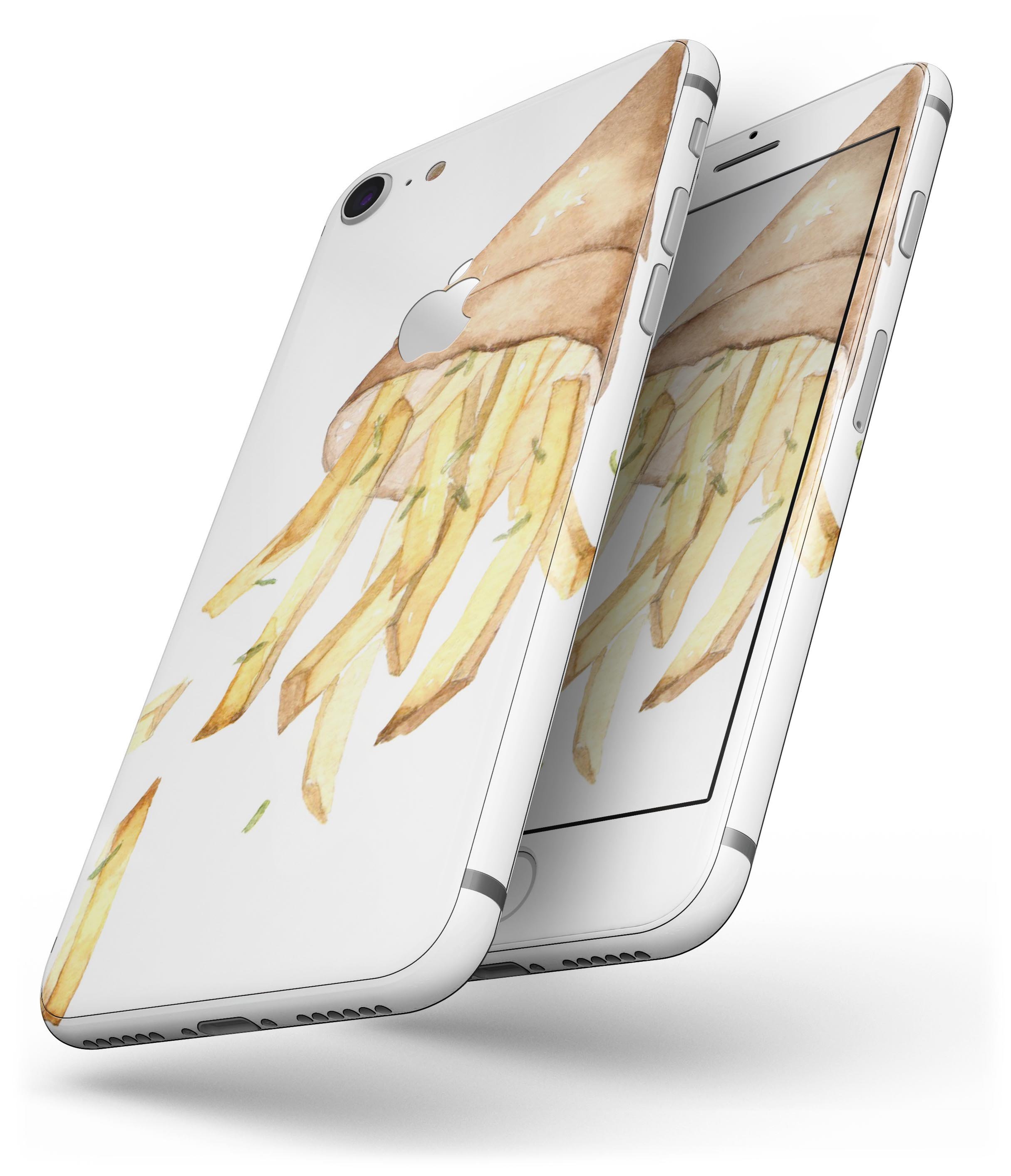 Free Falling French Fries skin for iPhone 8 and 8 Plus, showcasing vibrant fries design on a sleek vinyl surface.